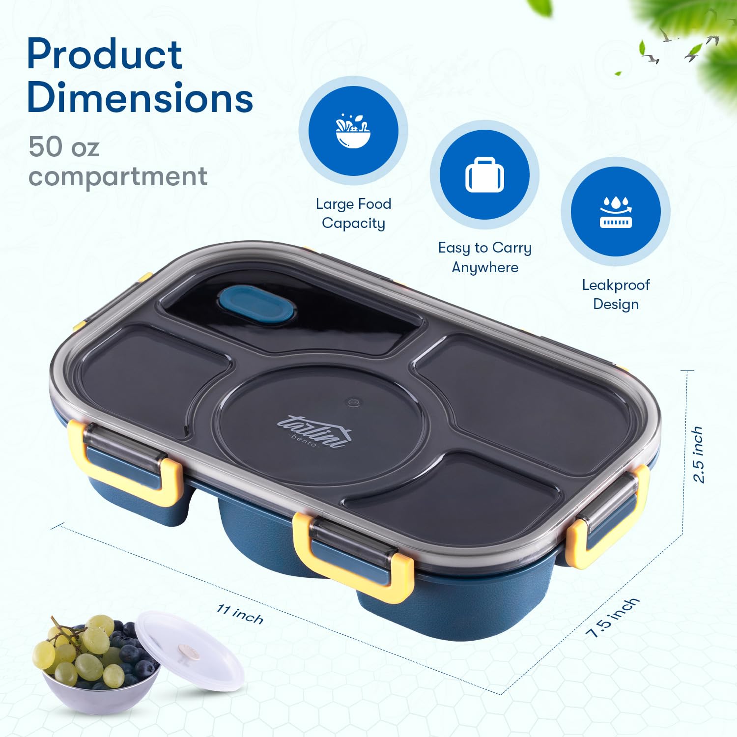 Tarlini – Caja Bento azul para adultos, contenedor de 5 compartimentos con separadores para comidas equilibradas, caja Bento japonesa segura para