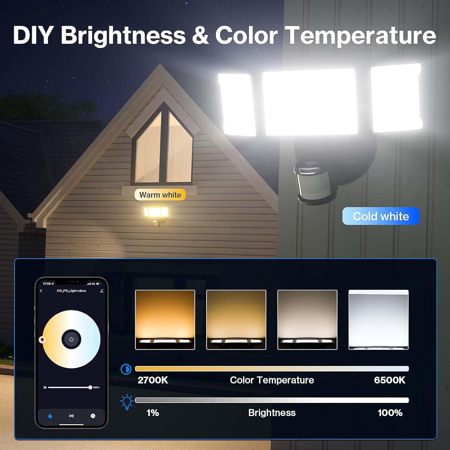 Olafus Luz de inundación LED inteligente de 55 W para exteriores con sensor de movimiento, luz de seguridad WiFi exterior sintonizable de 2700