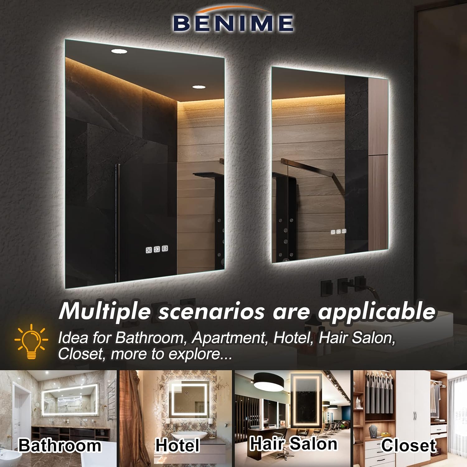 Benime Espejo de baño LED de 20 x 28 pulgadas, espejo de tocador de baño retroiluminado, espejo de tocador de baño retroiluminado para pared,