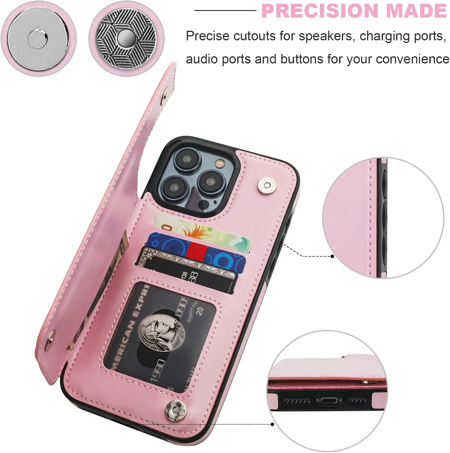 Funda tipo cartera compatible con iPhone 15 Pro Max con soporte para tarjetas, funda de piel sintética con ranuras para tarjetas, doble cierre