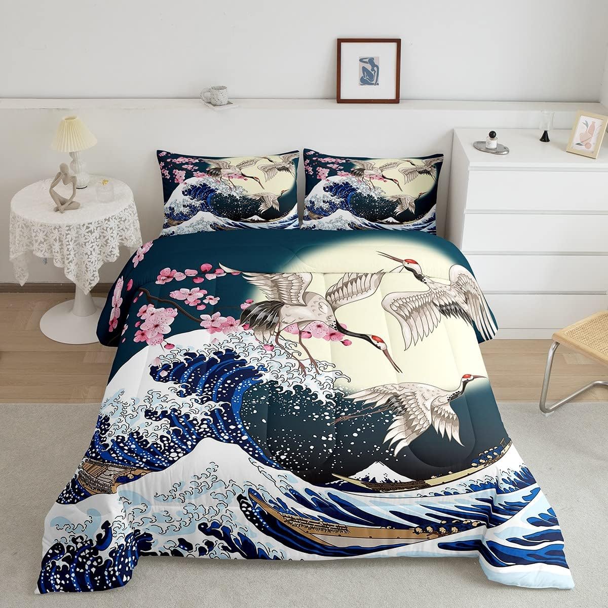 Erosebridal Juego de edredón de estilo japonés, tamaño King, estampado de grulla de cerezo para niños, niñas y mujeres, decoración de dormitorio,