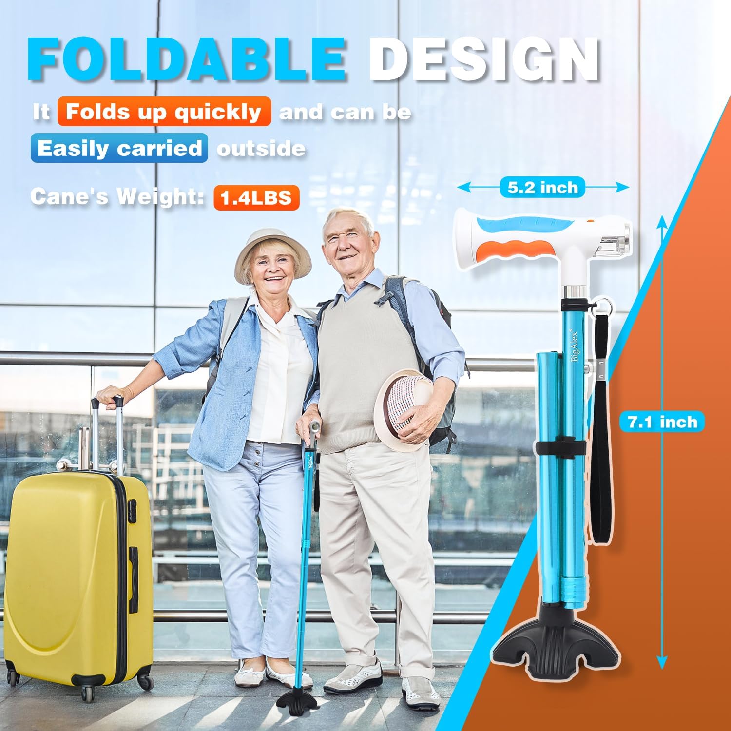 BigAlex Bastón plegable con dos luces LED para ancianos, base sólida, bastón ajustable con bolsa de transporte para hombres y mujeres