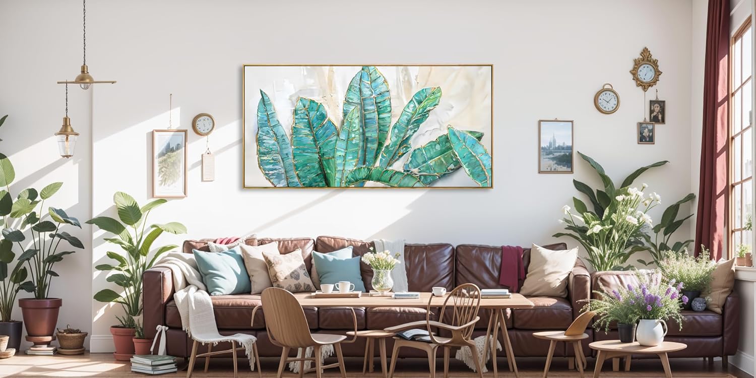 Arte de pared moderno, arte botánico, decoración de pared de hojas verdes, pintura en lienzo para sala de estar, dormitorio, comedor, decoración del