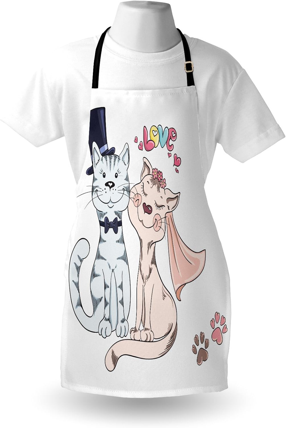 Lunarable Delantal de animales, novio, novia, gato, boda, felino, boda, matrimonio, romance, feliz ceremonia, babero de cocina unisex con cuello