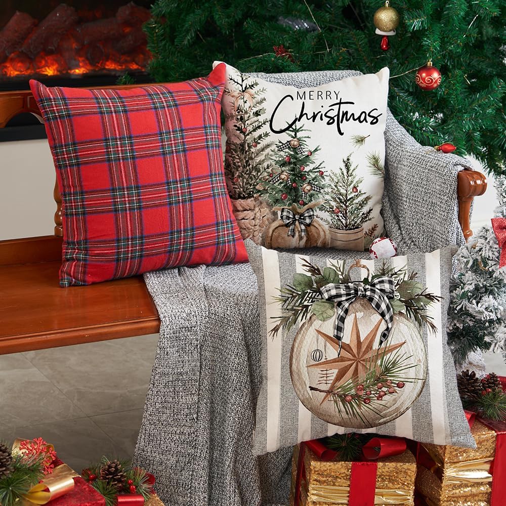 DFXSZ Juego de 4 fundas de almohada de Navidad de 18 x 18 pulgadas, guantes de árbol de Navidad, fundas decorativas de invierno a rayas, decoración