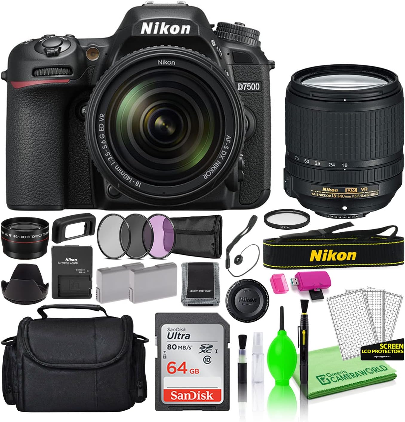 Nikon D7500 – Cámara digital DSLR de 20.9 MP con lente VR de 0.709-5.512 in (1582) Kit de paquete de lujo con tarjeta SD Sandisk de 64 GB + bolsa