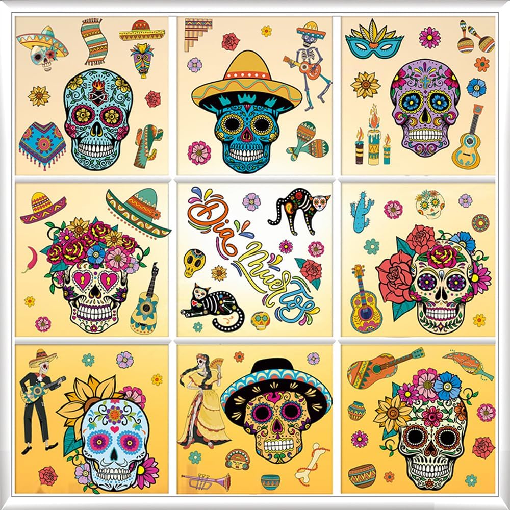 81 calcomanías para ventana del Día de los Muertos, Día de los Muertos, calcomanías mexicanas de Halloween para ventana, calavera de azúcar,