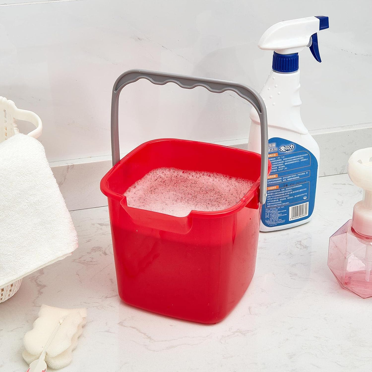 Irenare Cubo de limpieza para desinfectante, cubo de limpieza de 3 cuartos de galón, cubo cuadrado de plástico pequeño con salida y asas, cubo de