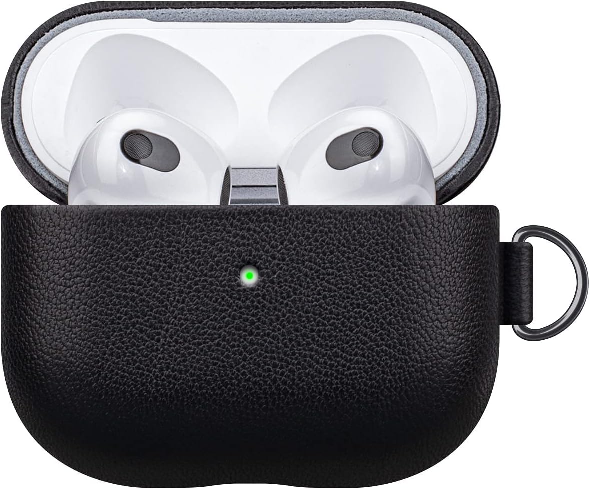 lopie – Funda de cuero compatible con AirPods de 3 generación, hecha a mano con llavero para AirPods 3, funda protectora portátil con clip de