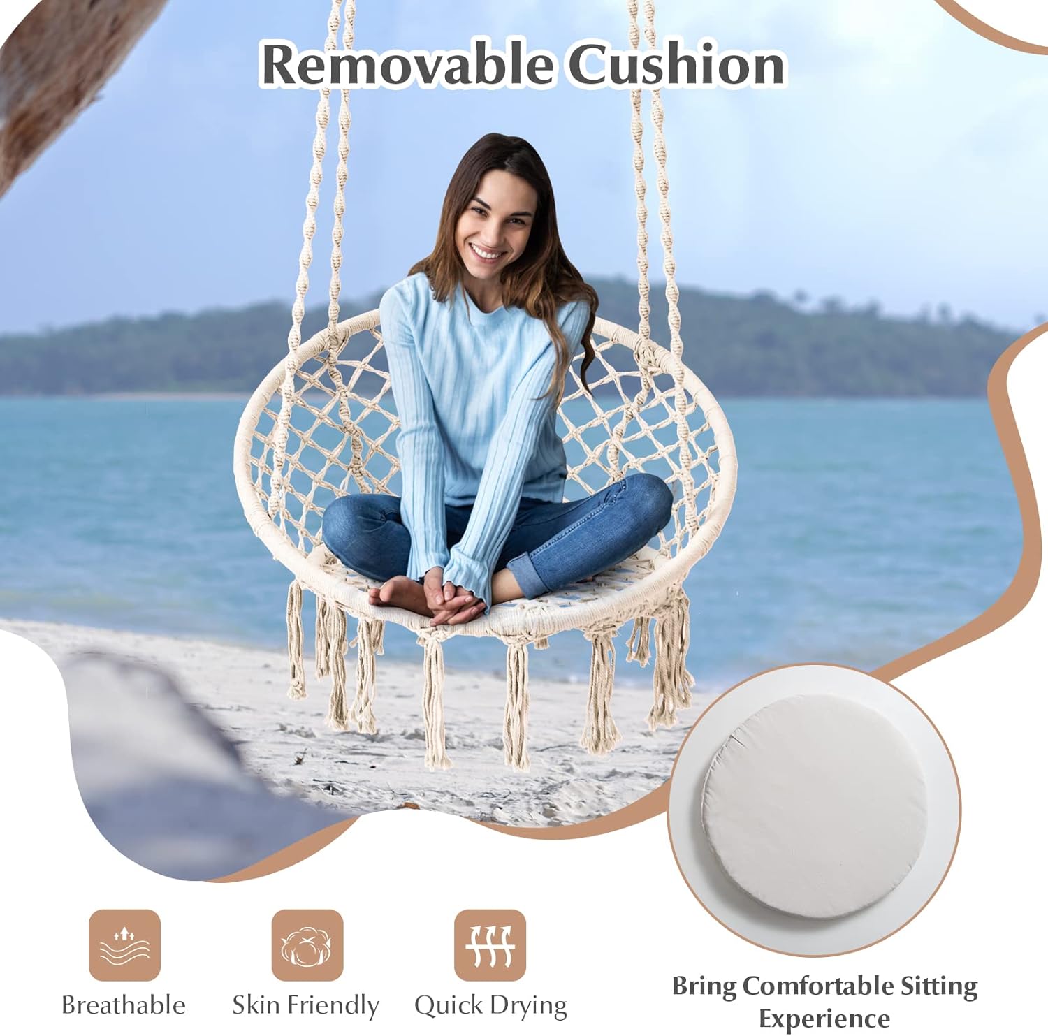 Tangkula Silla hamaca con cojín, estilo bohemio de macramé con kit de accesorios para colgar y correa, columpio de cuerda colgante para interiores y