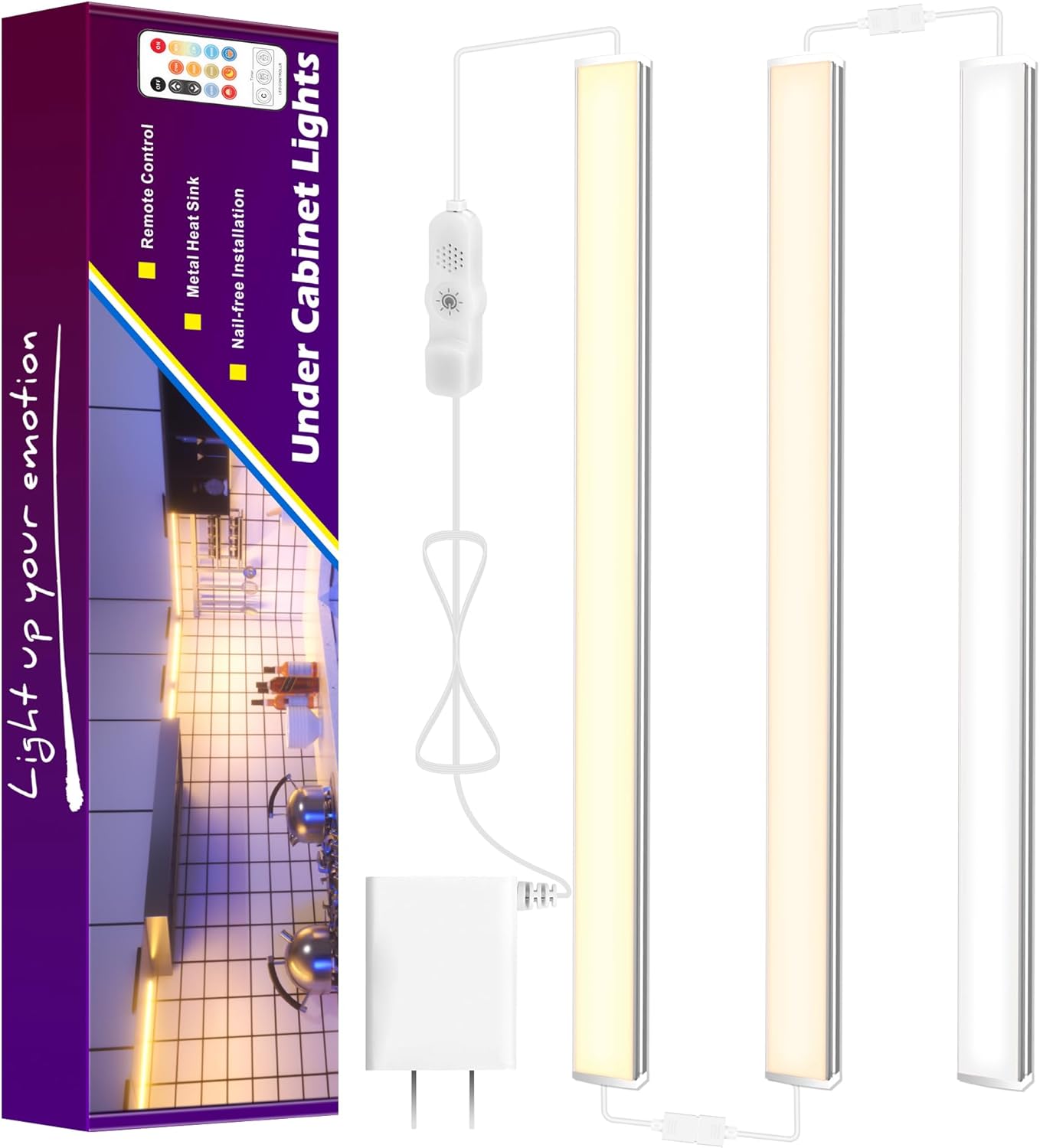 maylit Luces para debajo del gabinete enchufables, 3 piezas de 12 pulgadas multicolor debajo del gabinete, luces superbrillantes para debajo del