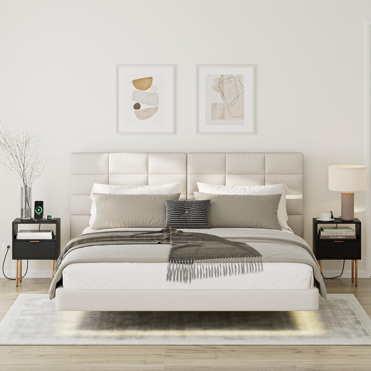 Mesita de noche con estación de carga, cómoda con cajón para dormitorio, mesa auxiliar pequeña con cajón, mesita de noche, mesa auxiliar con marco