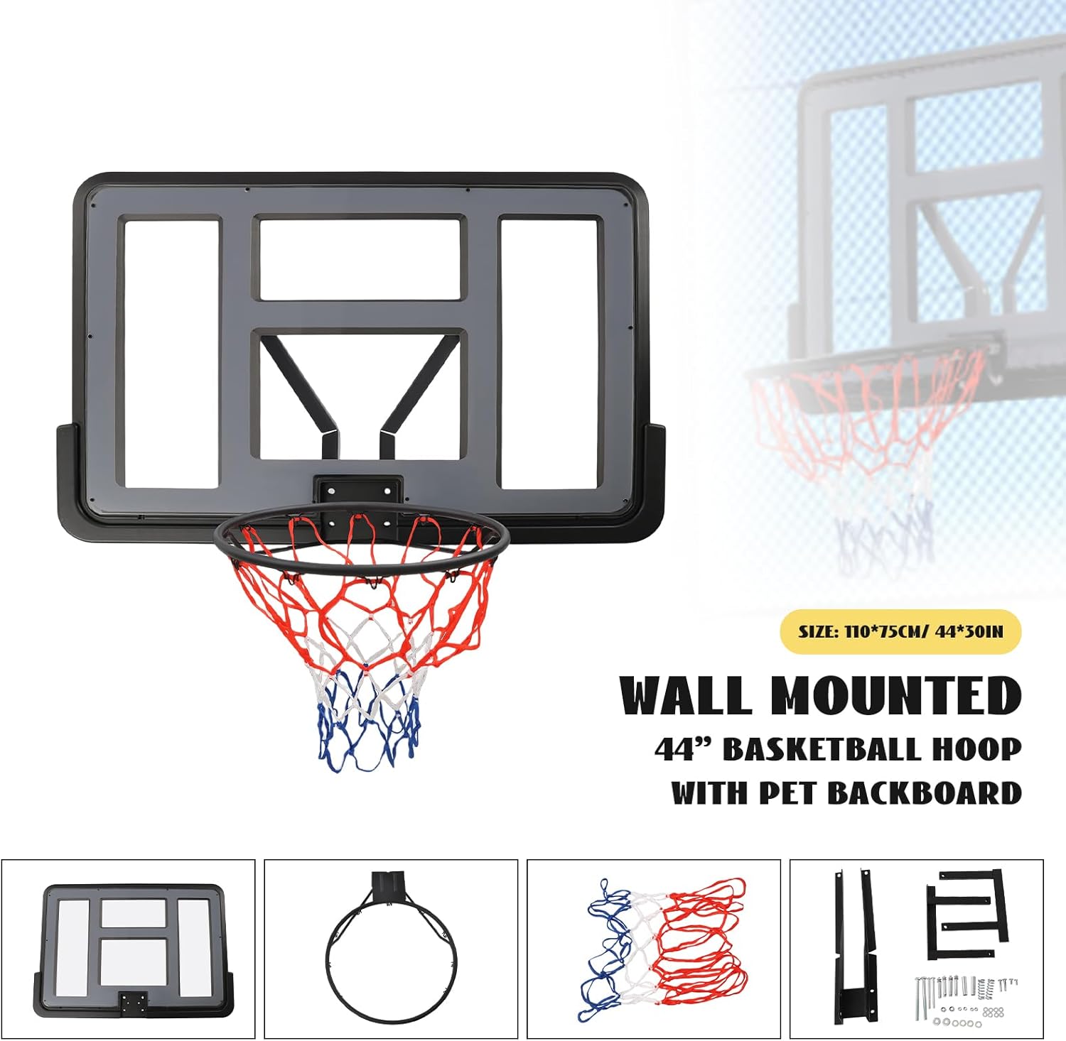 Equipo de baloncesto, borde de baloncesto de 18 pulgadas con red, combo de tablero de baloncesto y llanta, aro de baloncesto universal para