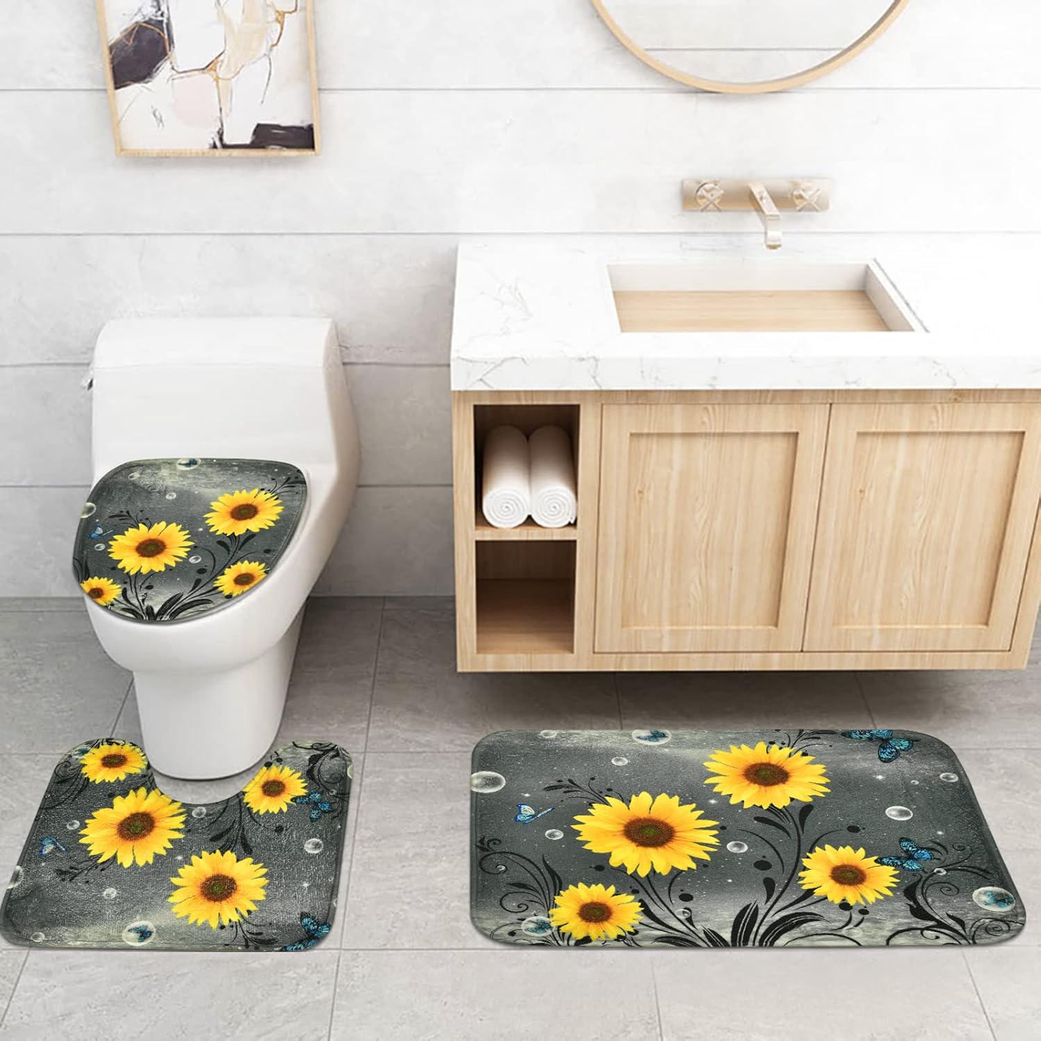 Ikfashoni Juego de 4 cortinas de ducha de girasol con alfombras, cubierta de tapa de inodoro, cortina de ducha de mariposa azul con 12 ganchos,