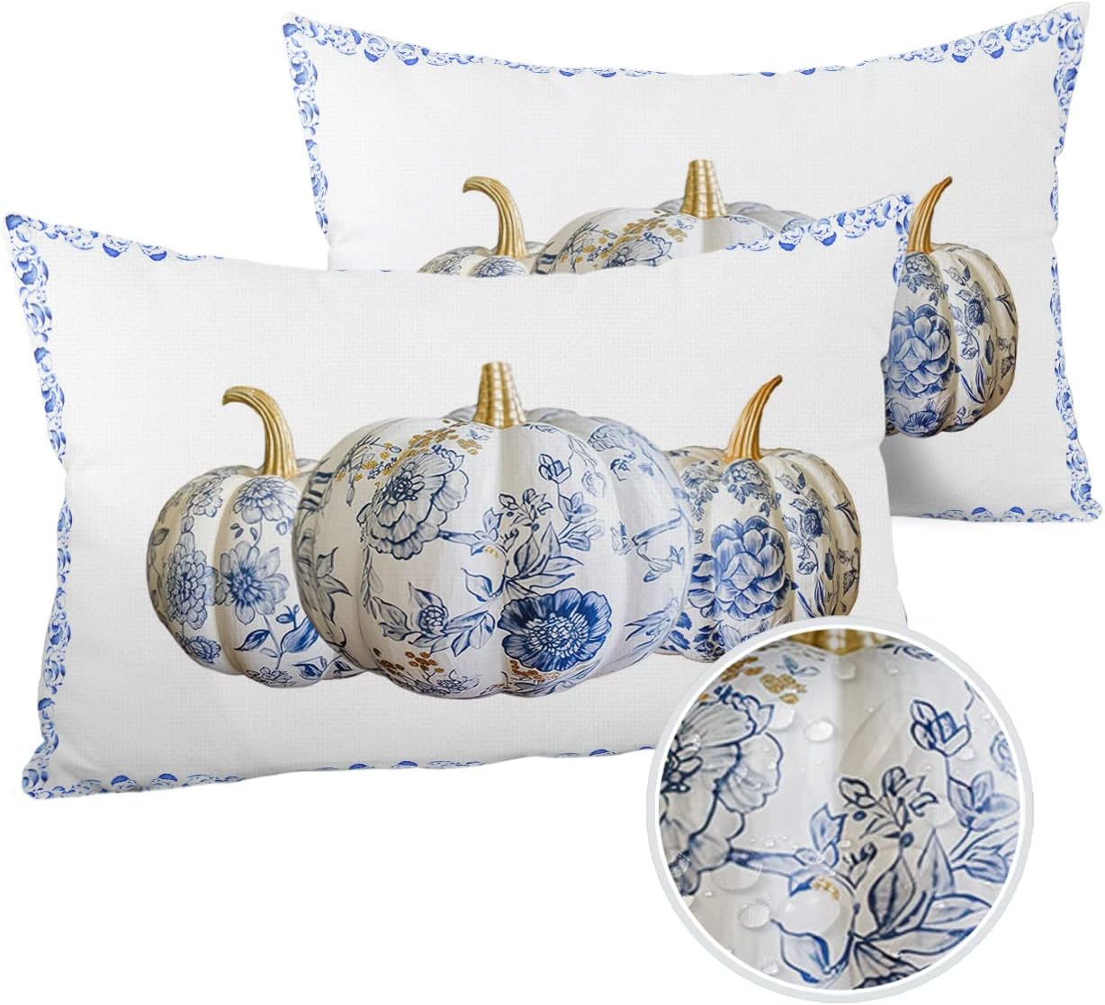 Chinoiserie – Juego de 2 fundas de almohada de porcelana impermeables para sofá, fundas de almohada decorativas de cosecha de otoño de 20 x 12