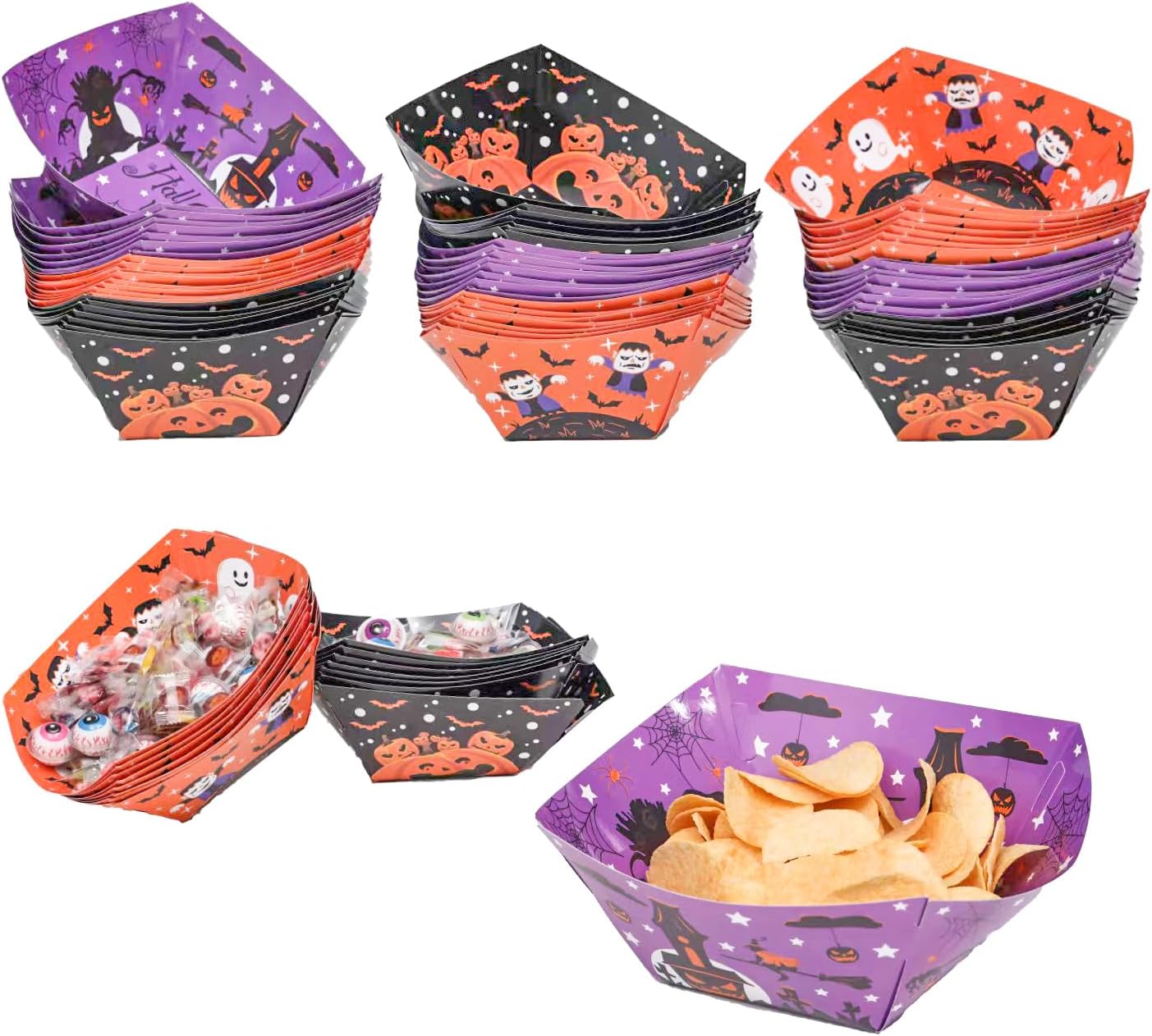 24 bandejas de papel de Halloween para alimentos, barcos de papel de Halloween, cuencos de papel de Halloween, bandejas de servir desechables para