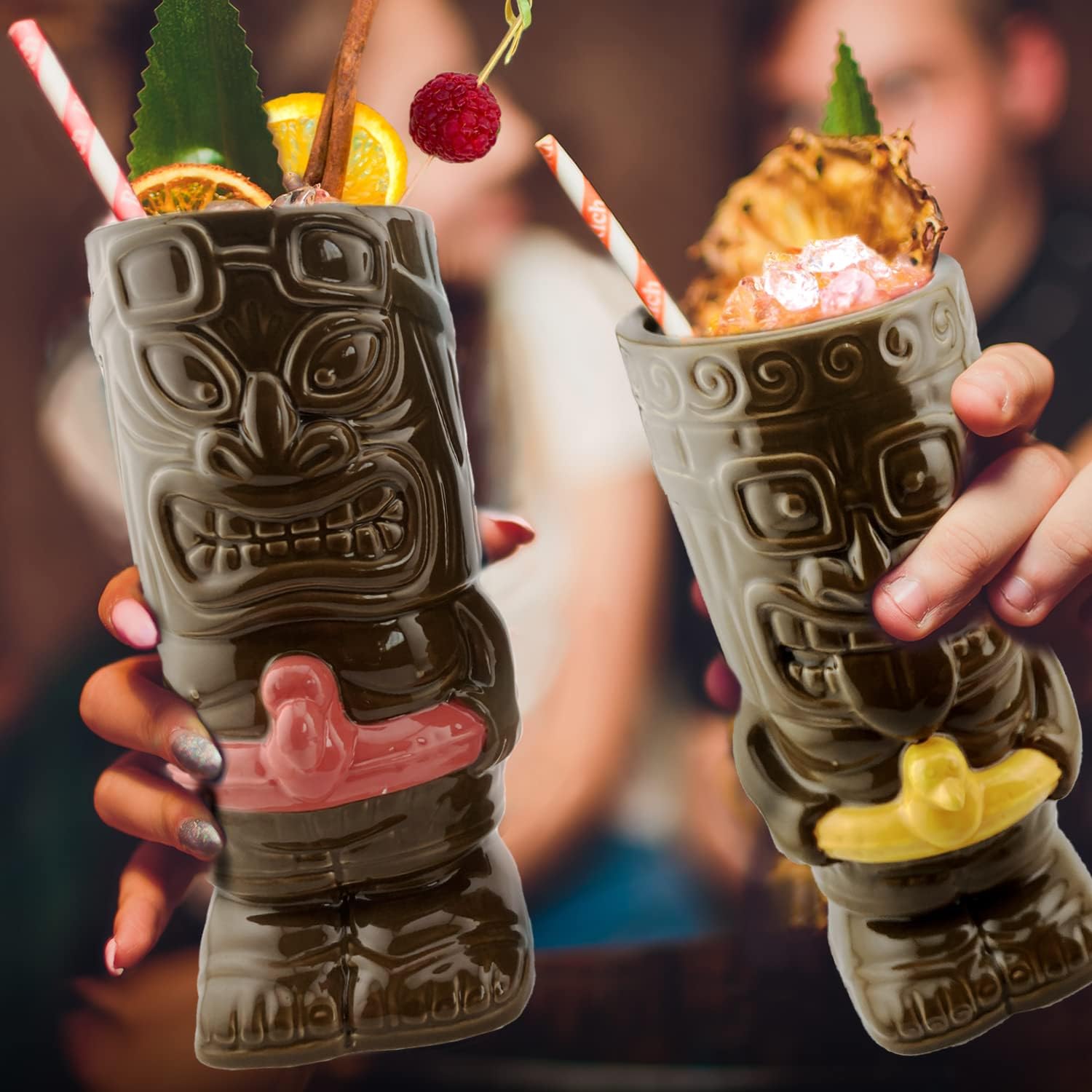 Tiki – Juego de tazas de cerámica para fiesta en la piscina, juego de 2 tazas coleccionables de Tiki Funky – Tazas de café, vasos tropicales para la