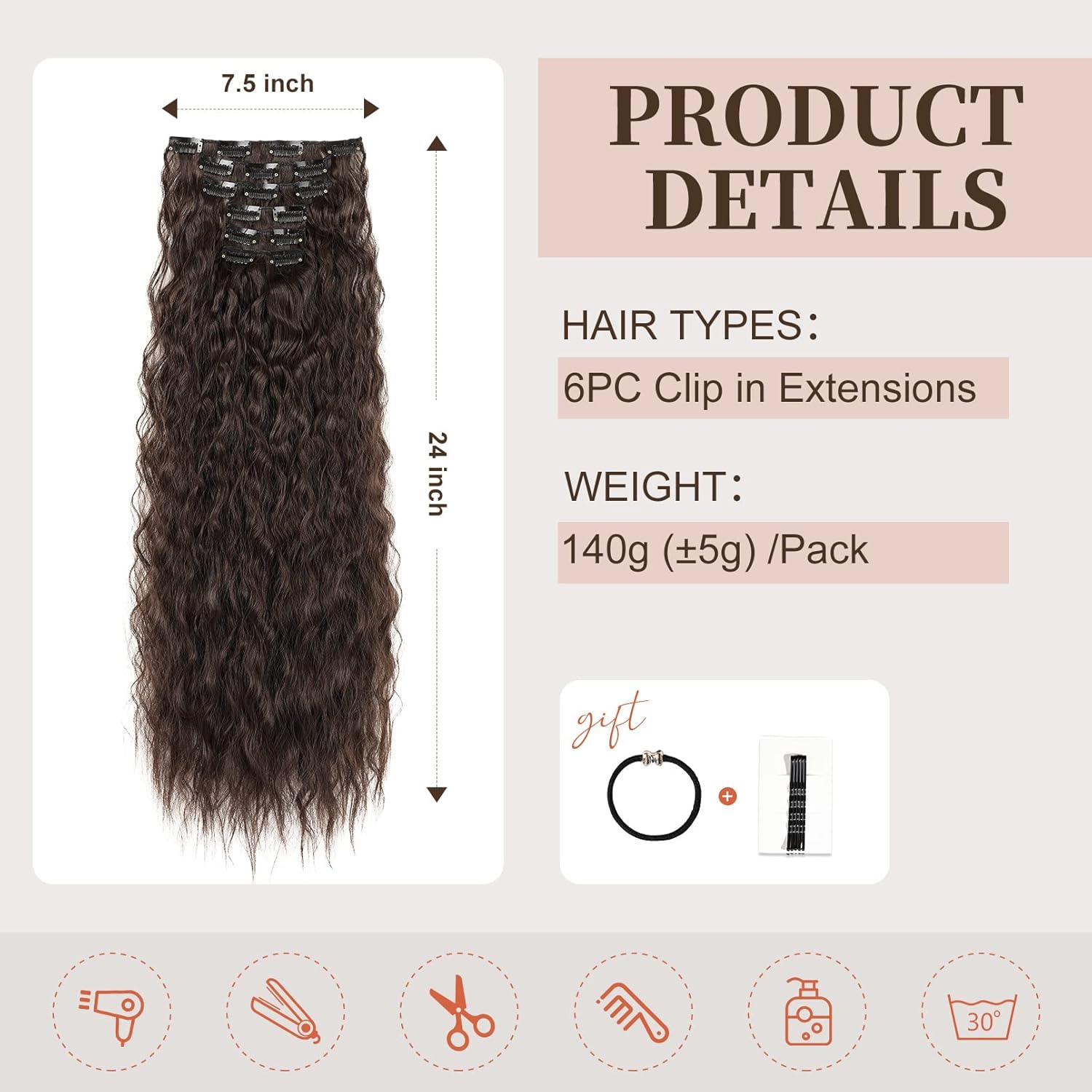 YOGFIT Extensiones de cabello sintético largo y ondulado con clip, de 24 pulgadas, 6 unidades, balayage, color marrón oscuro, grueso, fibra
