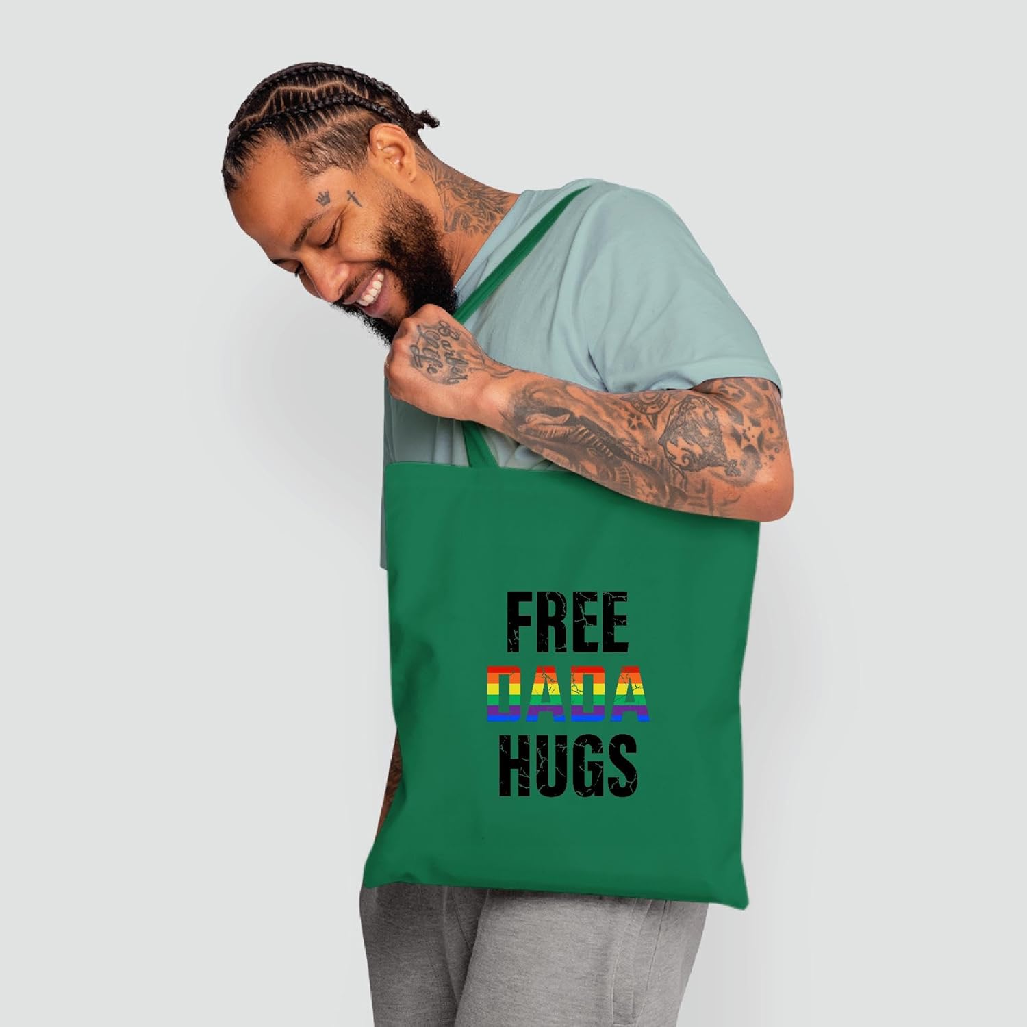 LGBT Lesbian Gay Pride Rainbow Gift for Free Dada Hugs Supporters Natural White Multicolor Canvas Tote Bag