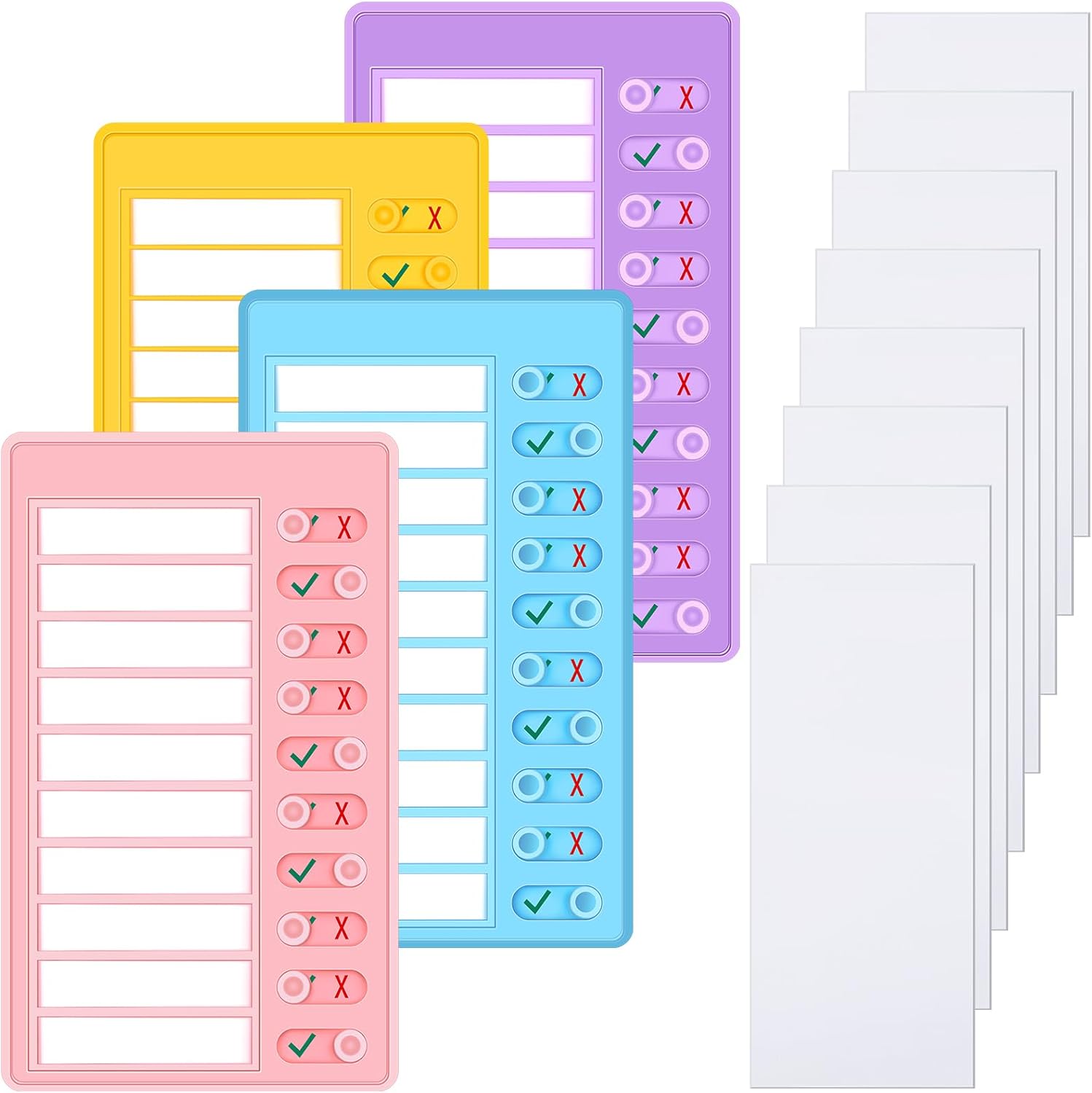 Queekay Tabla de tareas en blanco de 4 piezas, tabla de tareas para niños, tablero de lista de verificación de plástico con 8 cartulinas