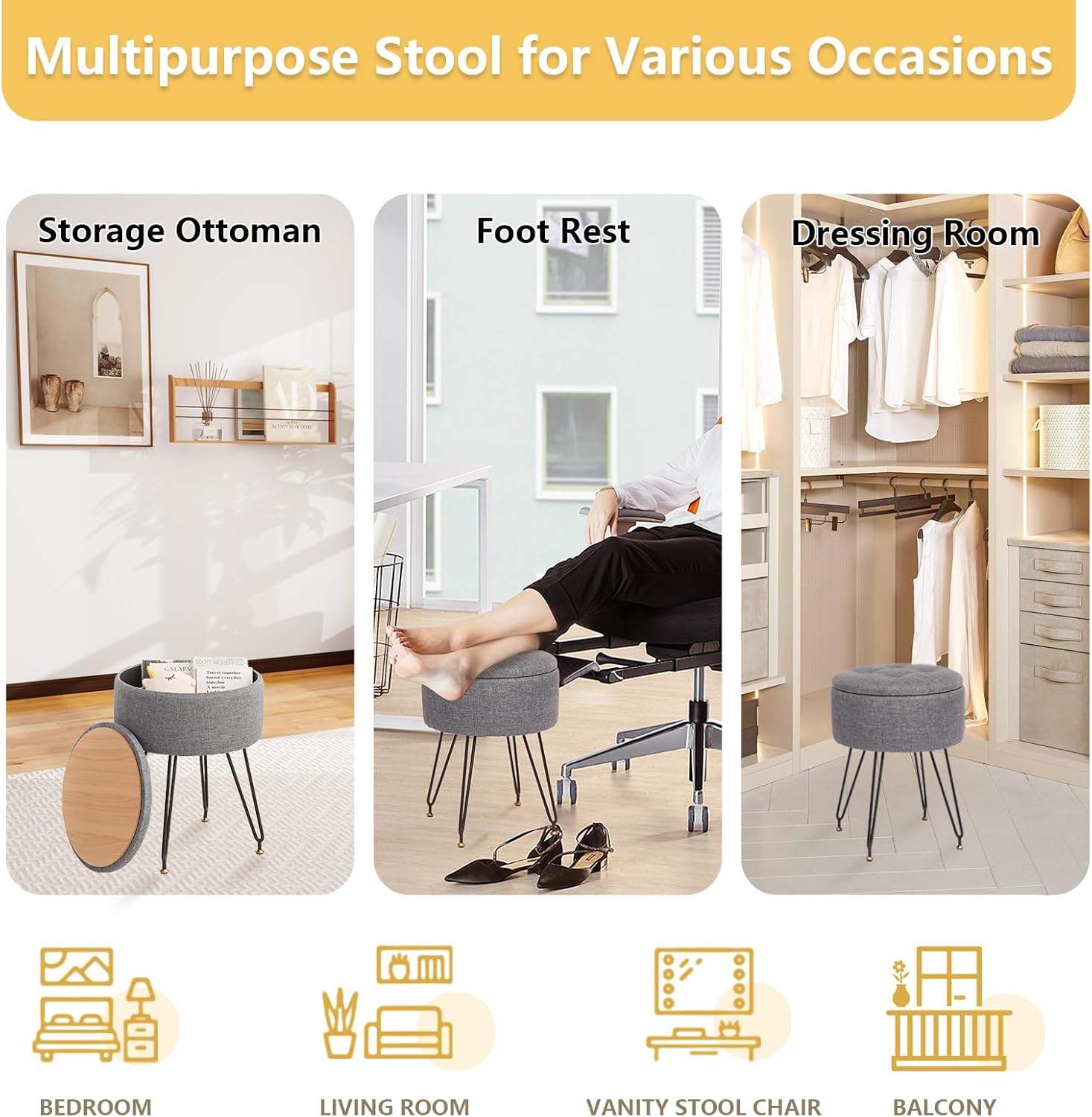 Taburete de tocador con otomana de almacenamiento, silla de tocador de lino para sala de maquillaje, reposapiés redondo con 4 patas de metal y pies