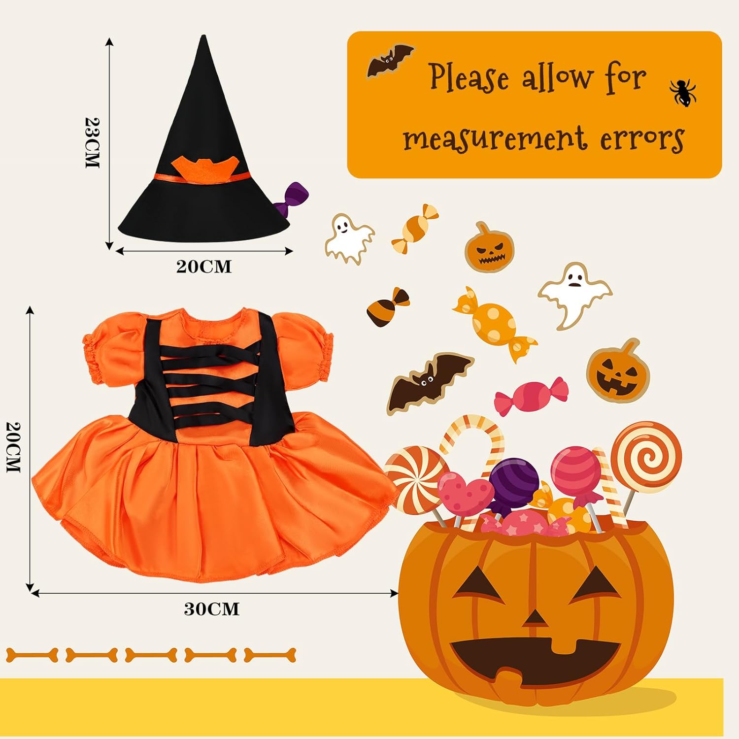 Jenaai 2 juegos de ropa de muñeca de Halloween de 18 pulgadas, disfraz de bruja y calabaza, incluye sombreros de bruja, zapatos, farol, bolsa de