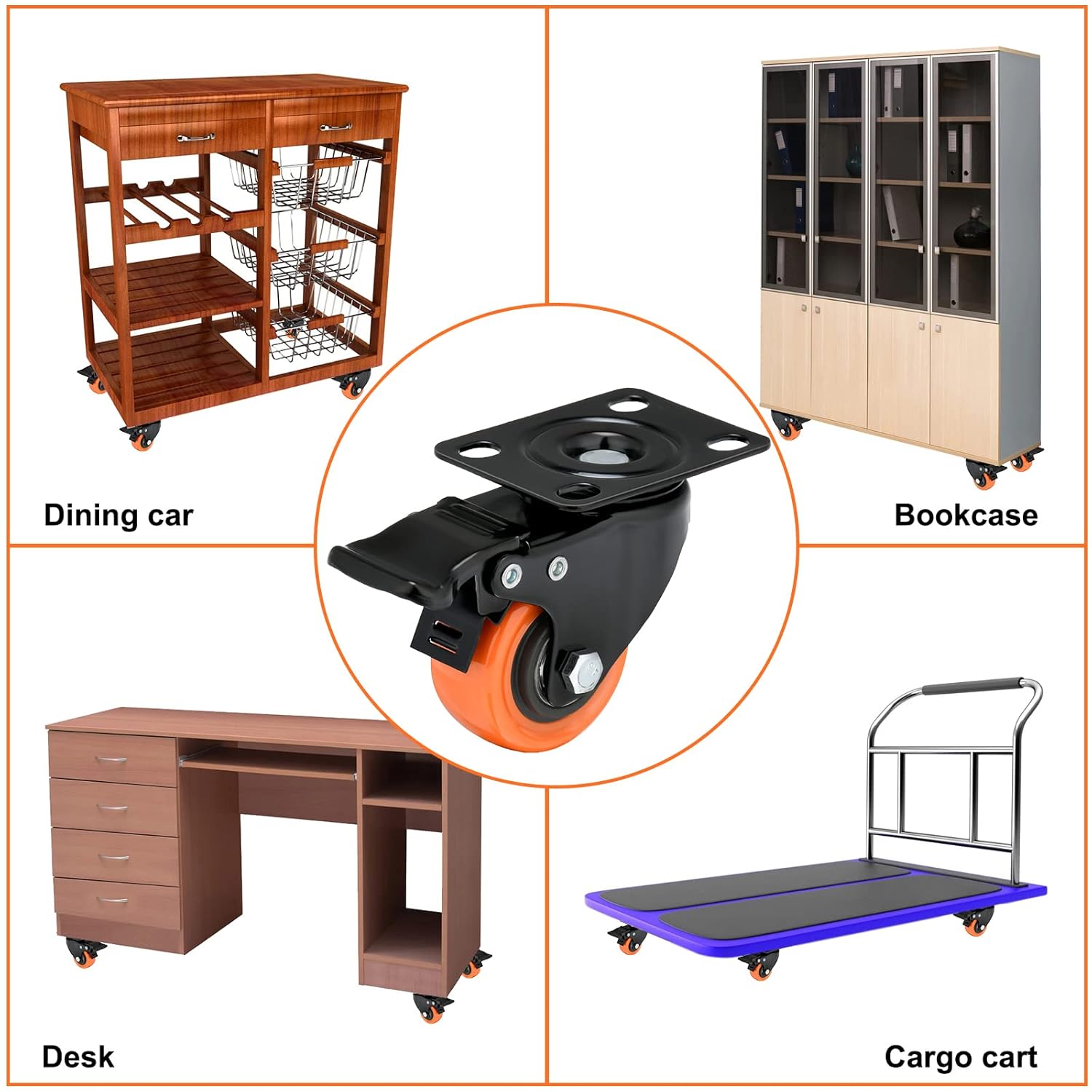 Ruedas giratorias de 2 pulgadas con carga de 600 libras, ruedas de poliuretano naranja, ruedas giratorias de placa superior, juego de 4 ruedas de