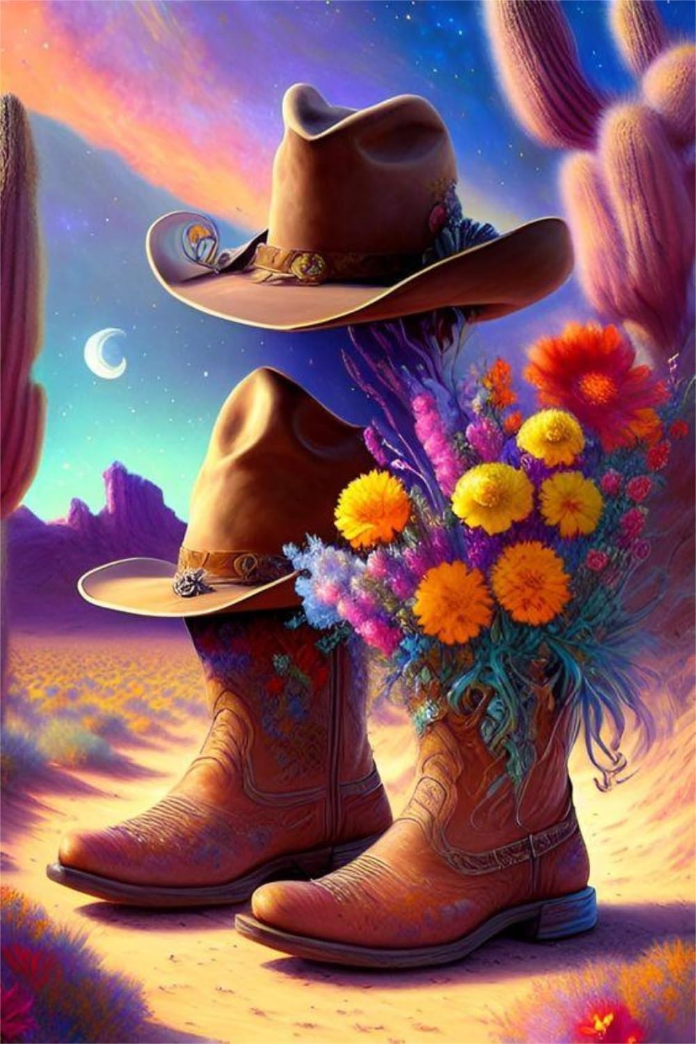 ROOHOME Kit de pintura de diamantes con sombrero de bota de flores de fantasía, kit de arte redondo de diamante 5D para adultos y niños, kit de