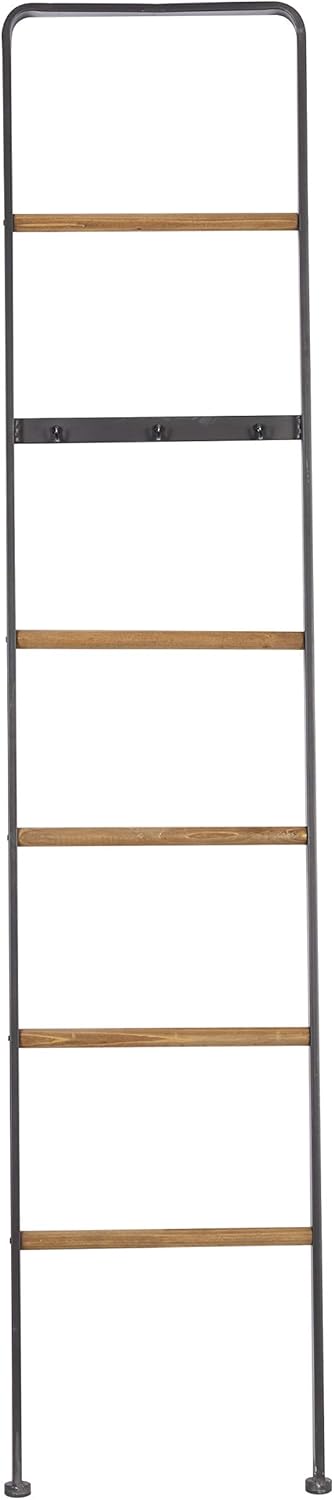 Deco 79 Escalera de metal delgada con 3 ganchos con 5 peldaños de madera marrón, 15 x 1 x 72 pulgadas, color negro