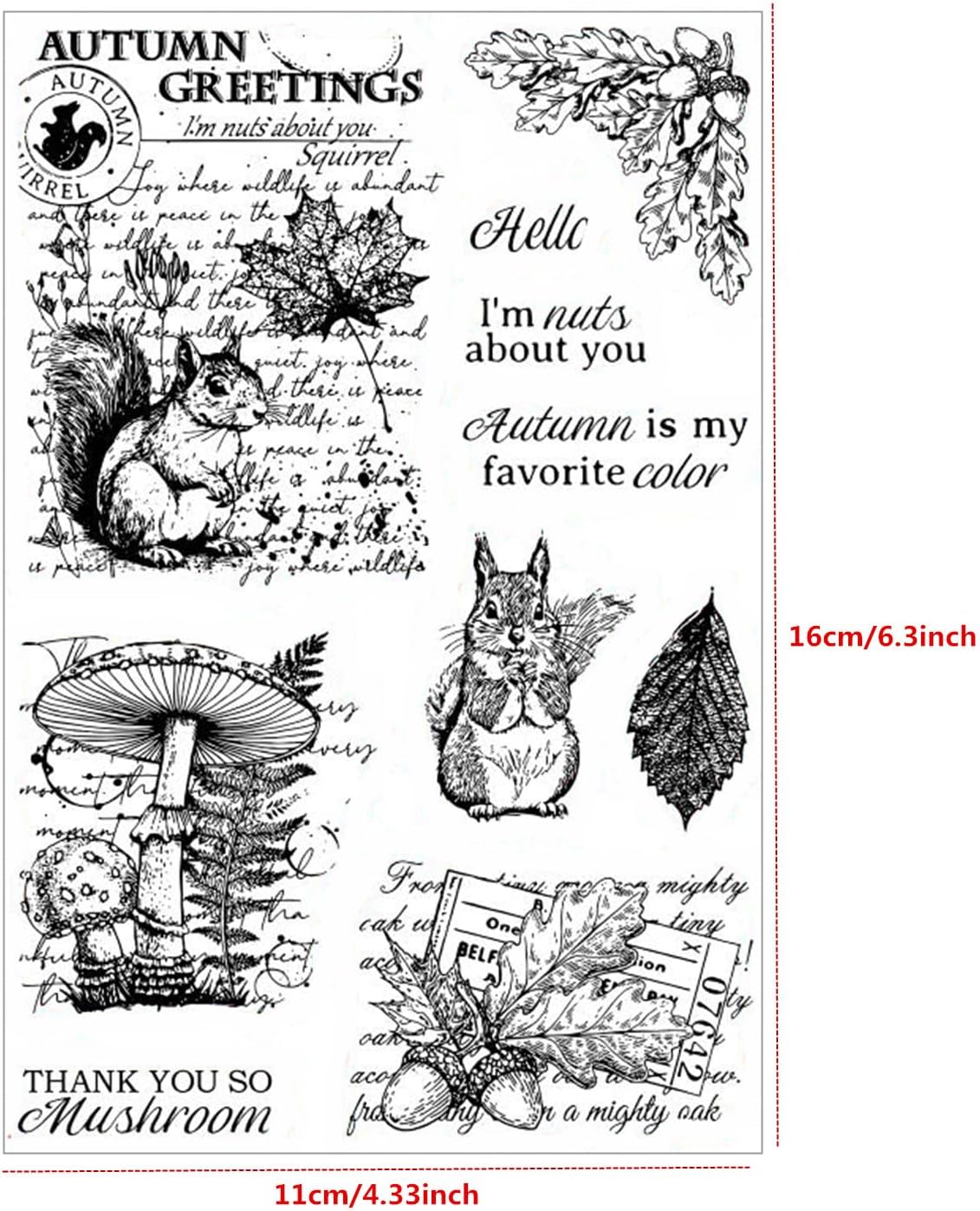Arbuya Sellos transparentes de ardilla otoñal para hacer diarios o tarjetas, sellos de goma con sentimiento de hongos y nueces para diarios,
