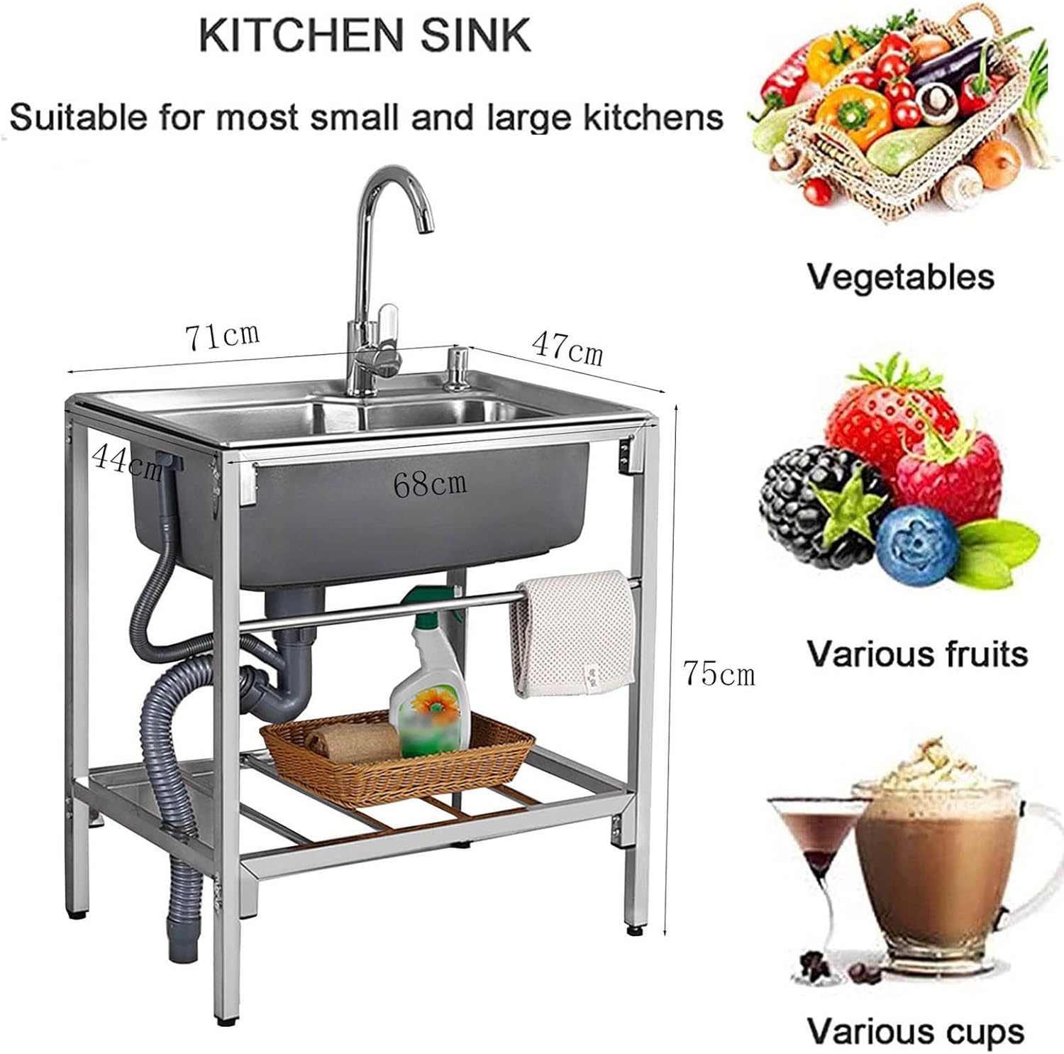 Fregadero independiente de acero inoxidable, fregadero de cocina comercial, 1 compartimento con grifo, lavabo de lavado a mano para lavandería,