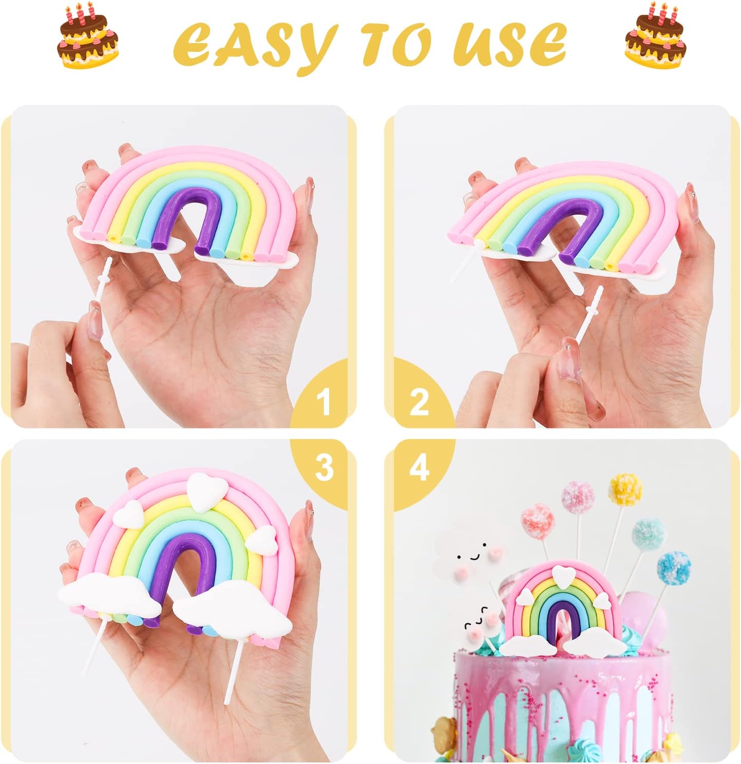 Decoración de pastel de arcoíris, juego de 8 piezas de decoración de pastel de arco iris, corazón pastel, nubes de arco iris, decoración de globos