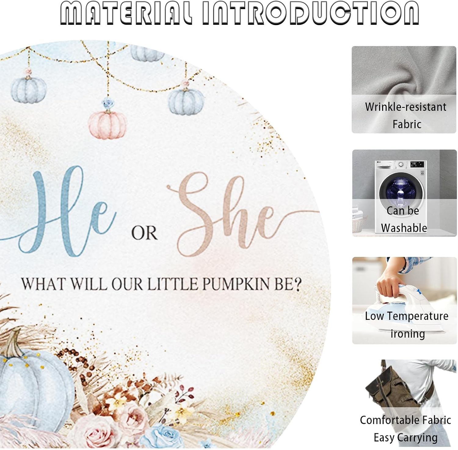 Telón de fondo de revelación de género de 7 x 5 pies con texto en inglés “He or She What Will Our Little Pumpkin Be Background”, color rosa y azul,