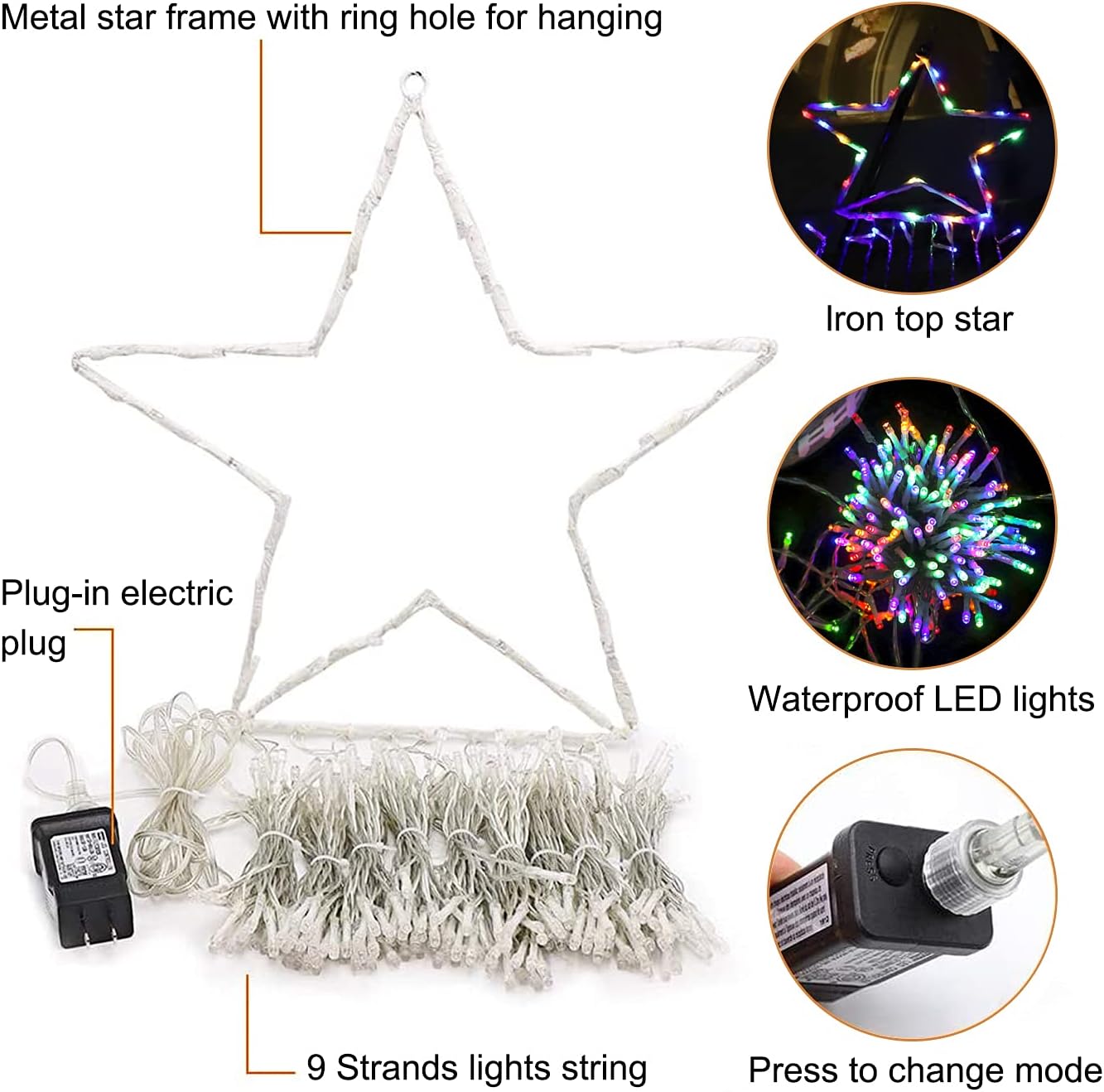 Luces de decoración de Navidad, 320 luces LED de Navidad con estrella superior, 8 modos de luz, impermeables, para exteriores, para patio, hogar,