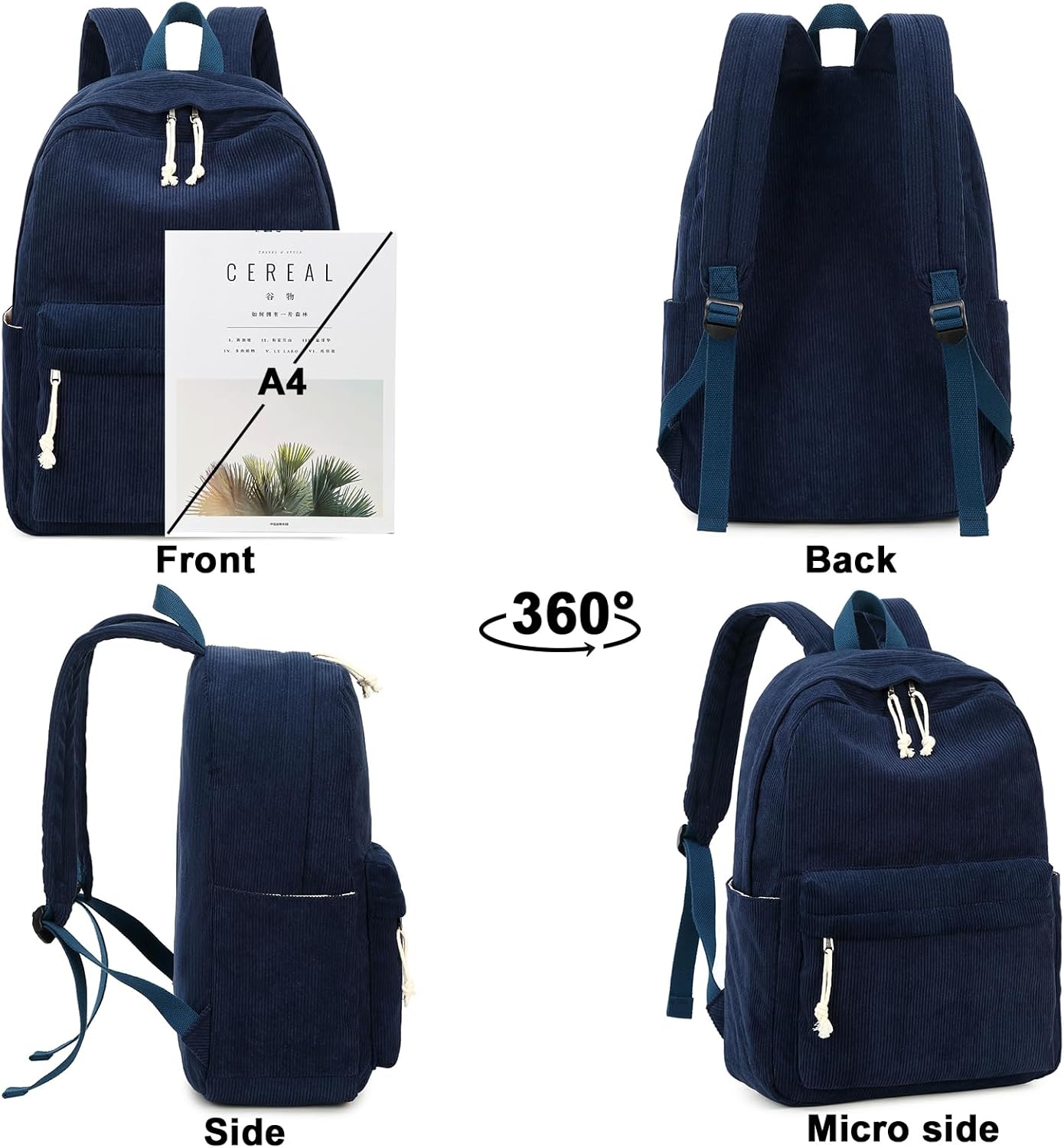Bluboon Mochila para niña y mujer, mochila escolar para computadora portátil, mochila de viaje, mochila floral, Pana Azul, Mochila de pana