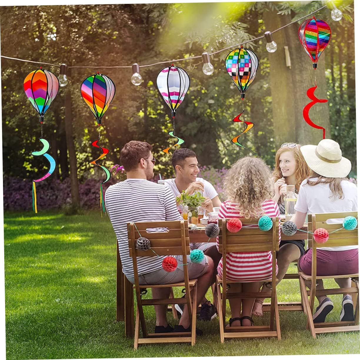 VOSAREA 3 piezas de globo de aire caliente, barra de viento, decoración de boda, luces solares al aire libre, adornos coloridos decorativos de