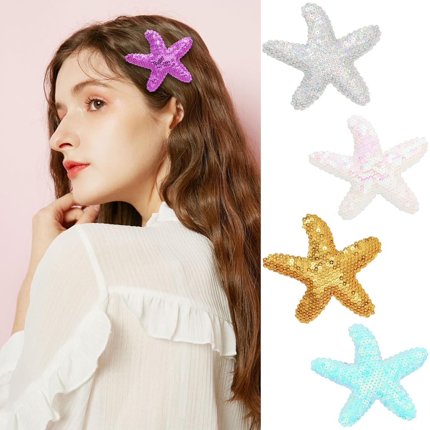 16 pinzas para el cabello con estrellas de mar, lentejuelas con purpurina y estrellas de mar, pasadores de pelo brillantes de cocodrilo, accesorios