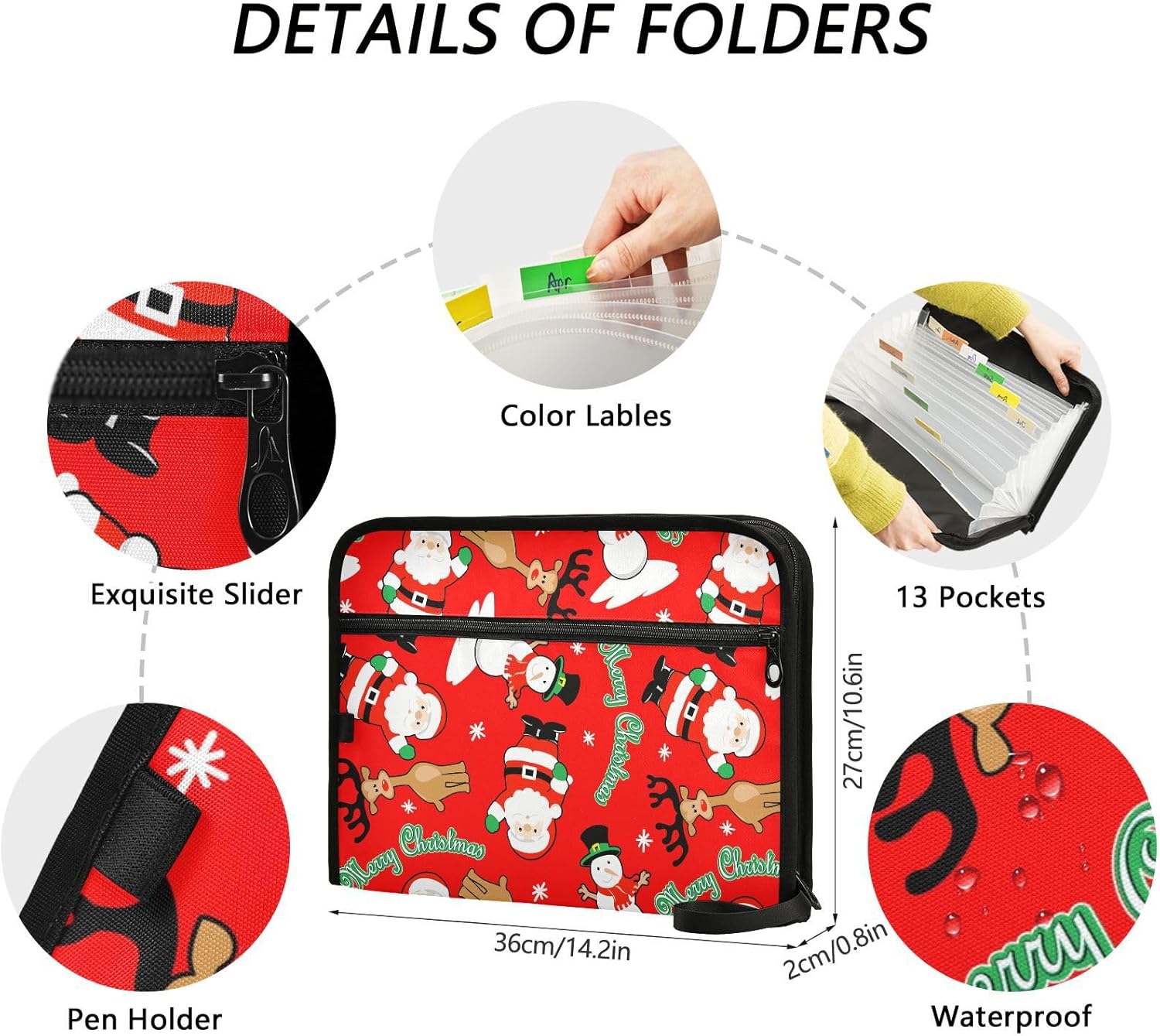 Carpeta de archivos expandible de Navidad de Papá Noel, organizador de documentos, carpetas colgantes con cremallera de 13 bolsillos para papeles de