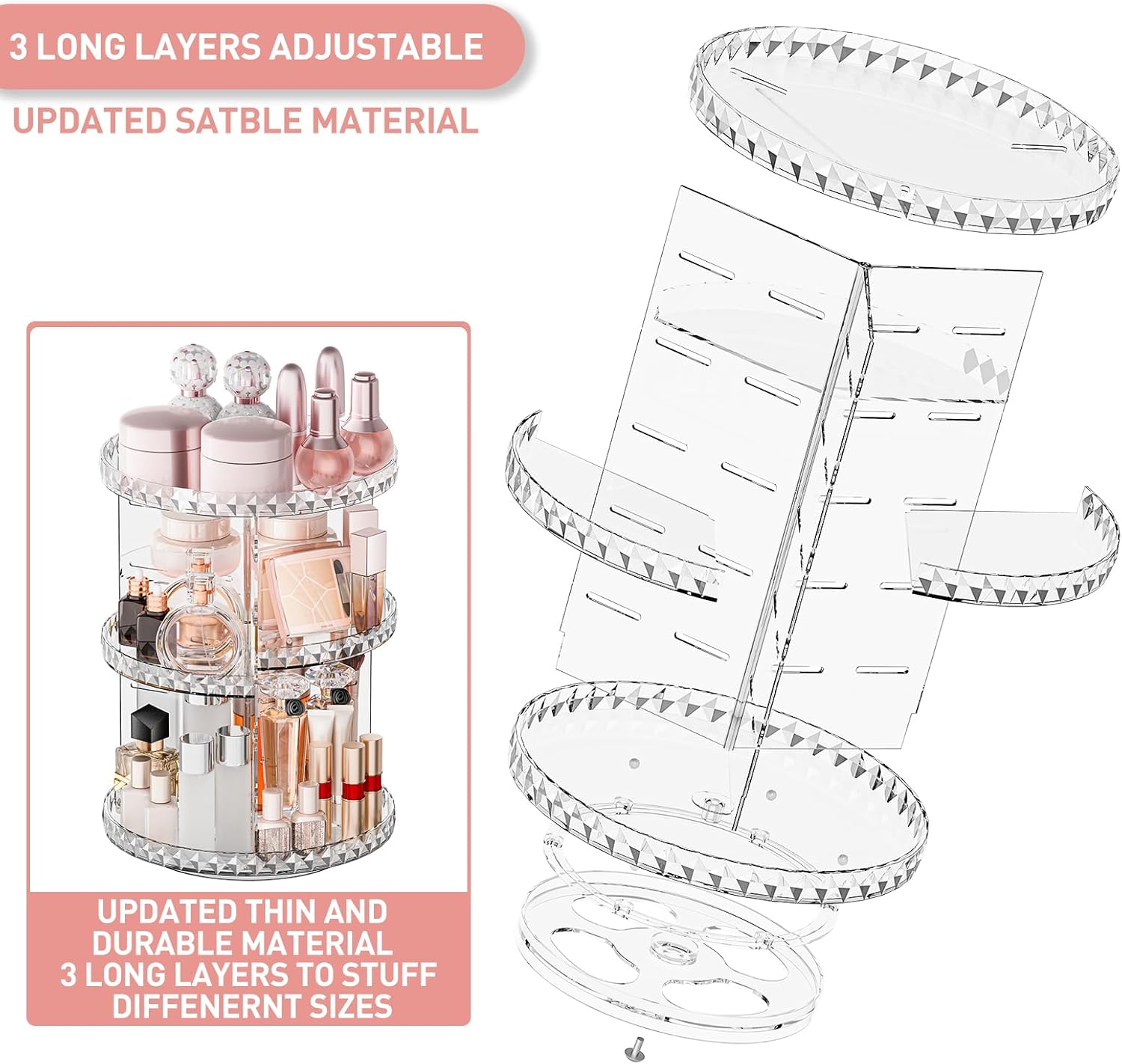 Organizador de maquillaje giratorio de 360 grados con 3 capas ajustables, organizadores de cuidado de la piel para perfumes cosméticos,