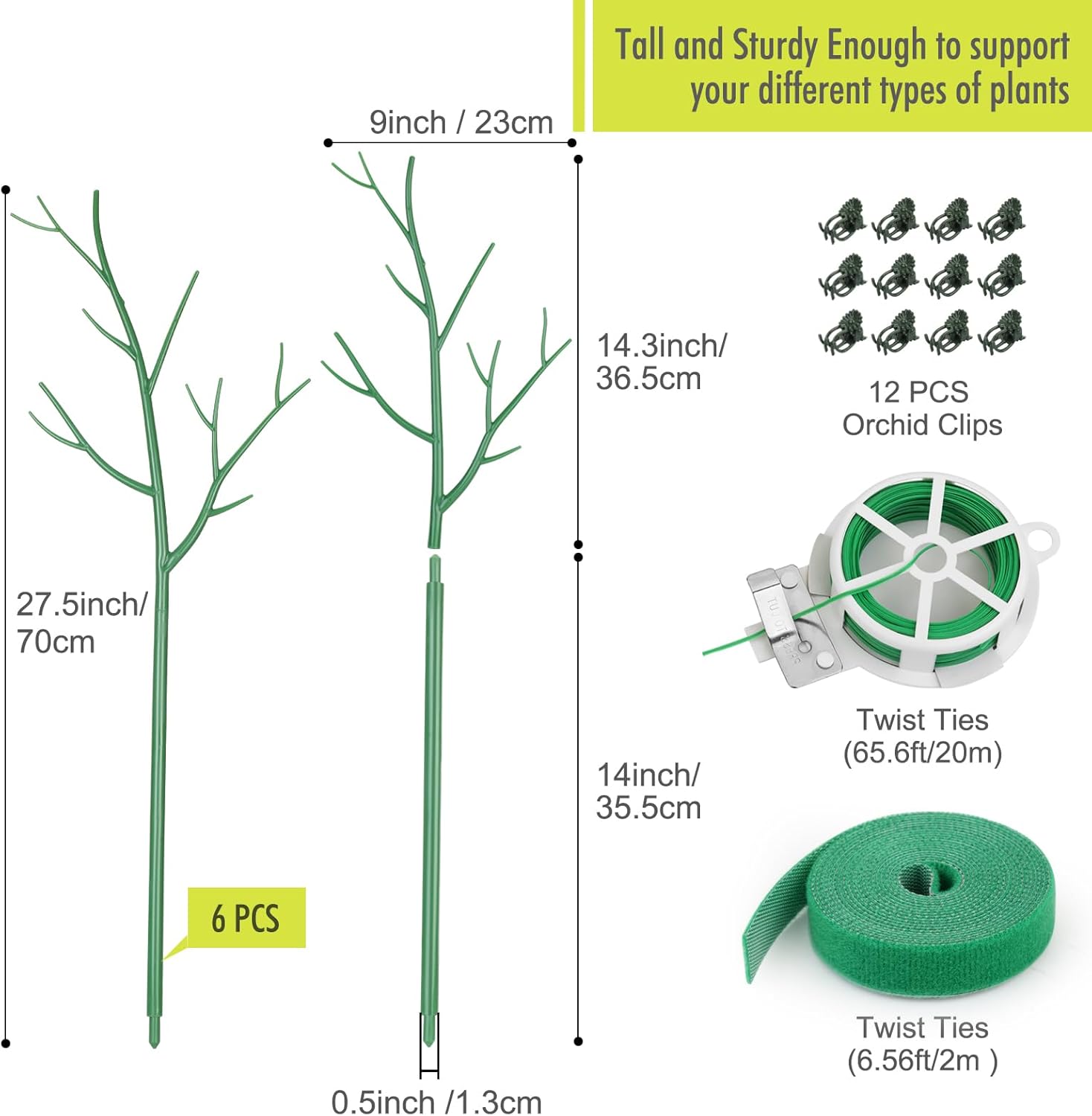 Paquete de 6 estacas de soporte para plantas de interior, ramitas de 27.56 pulgadas con clips de orquídeas, lazos giratorios y lazos de plantas para