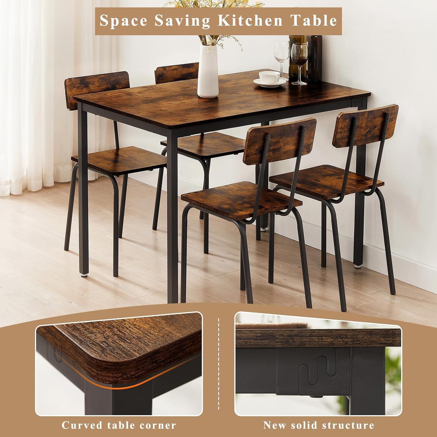 Juego de mesa de comedor de 4 sillas para 4-8, escritorio de cocina moderno que ahorra espacio, casa de campo de estilo industrial de madera, 43
