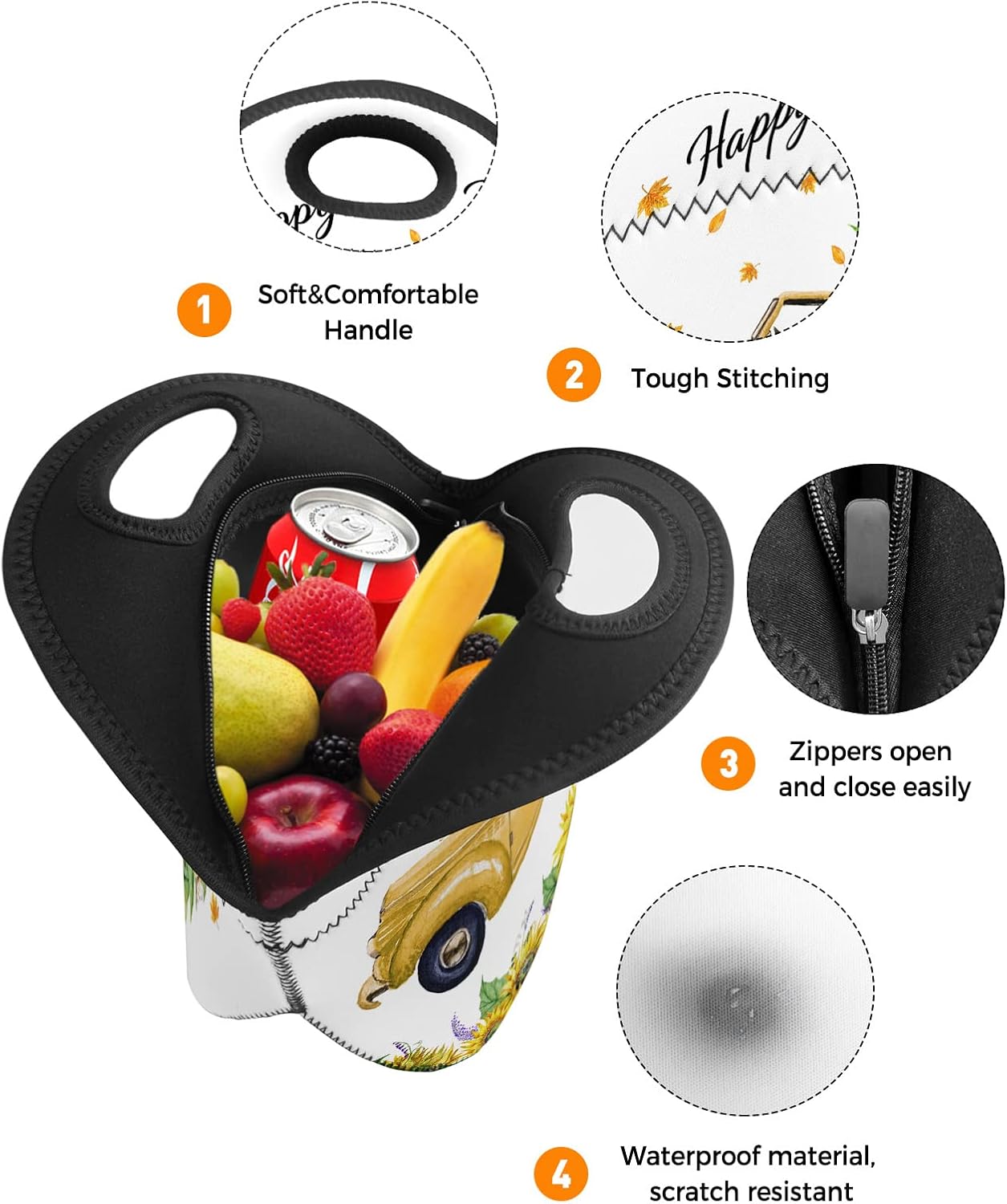 Gsypo Reusable Neoprene Lunch Bag, Happy Fall Y’all Sunflower on Farm Truck Autumn Leaf Soft Thermal Meal Tote, Lightweight Washable Insulated Lunch
