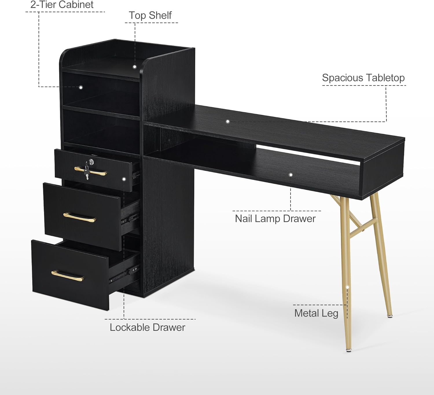 BarberPub Mesa de manicura con 3 cajones y 4 estantes, escritorio de uñas con asas y patas doradas, mesa de uñas para tecnología de uñas, equipo de