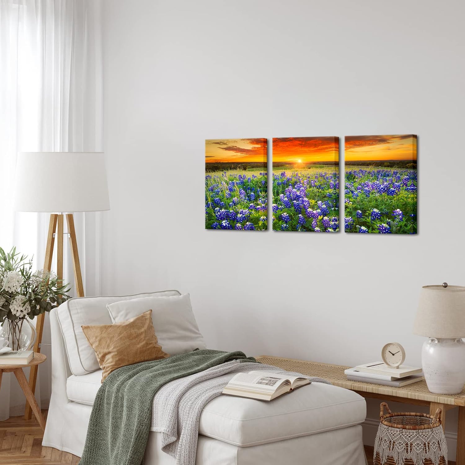 Nachic Wall Cuadro de 3 piezas de puesta de sol para pared, hermoso campo de arándanos de Texas, pintura fotográfica sobre lienzo, póster de paisaje