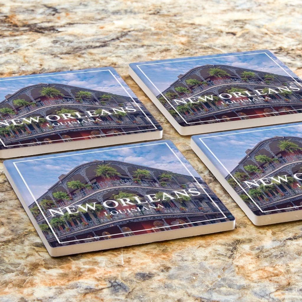 New Orleans, Louisiana, Joyride Home Decor 4 posavasos de cerámica, posavasos cuadrados de 4 pulgadas, juego de 4, parte trasera de corcho