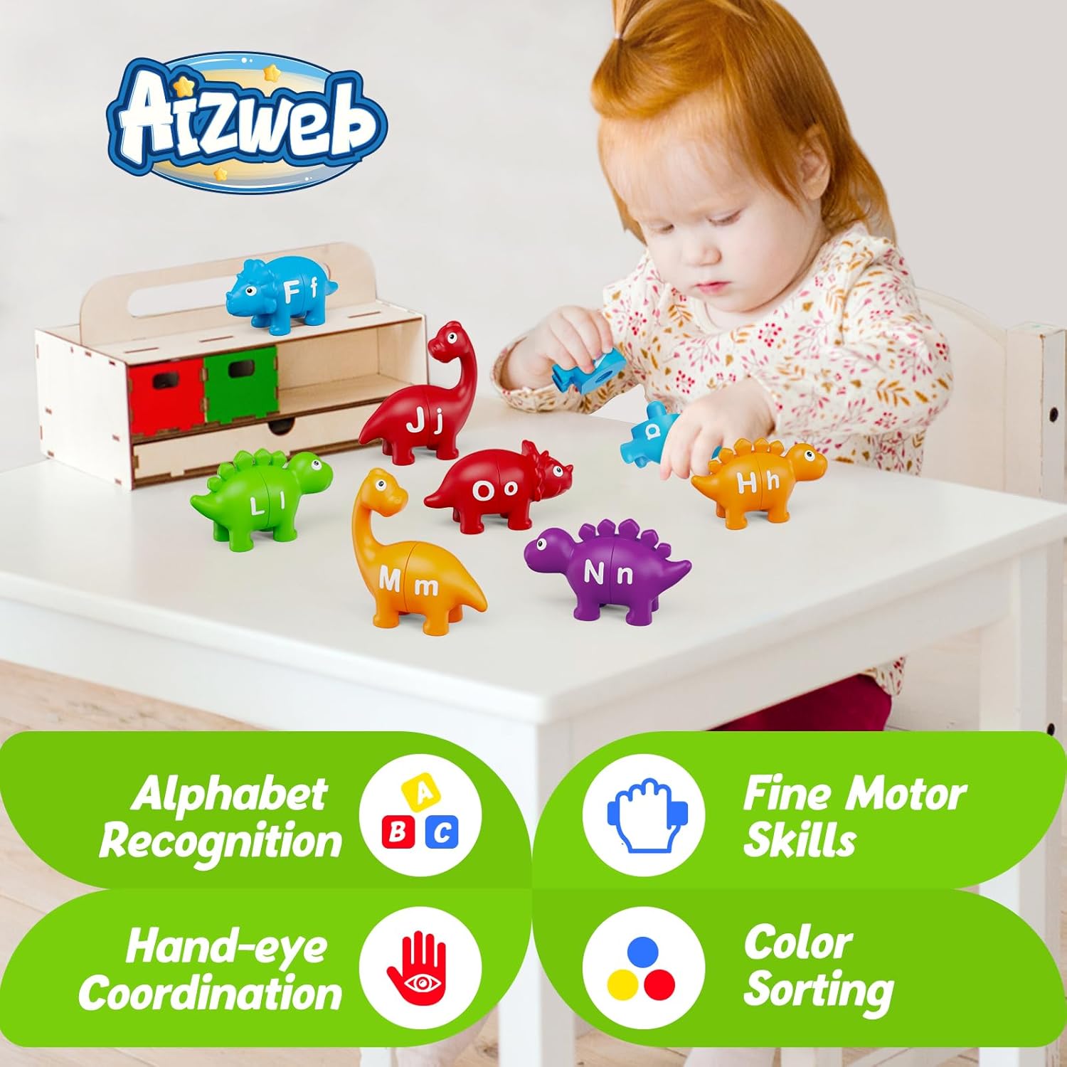 Aizweb Juguetes de aprendizaje del alfabeto, juego de letras a juego de clasificación de colores de dinosaurios para niños pequeños, actividades de