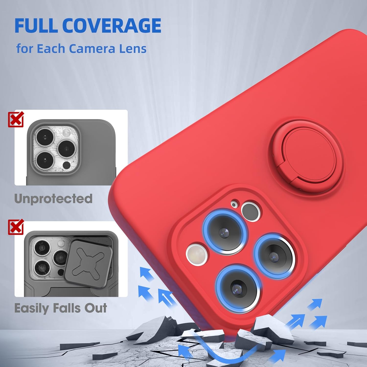 pcgaga Funda de silicona para iPhone 15 Pro Max con protector de pantalla soporte de anillo correa de muñeca forro de microfibra funda protectora