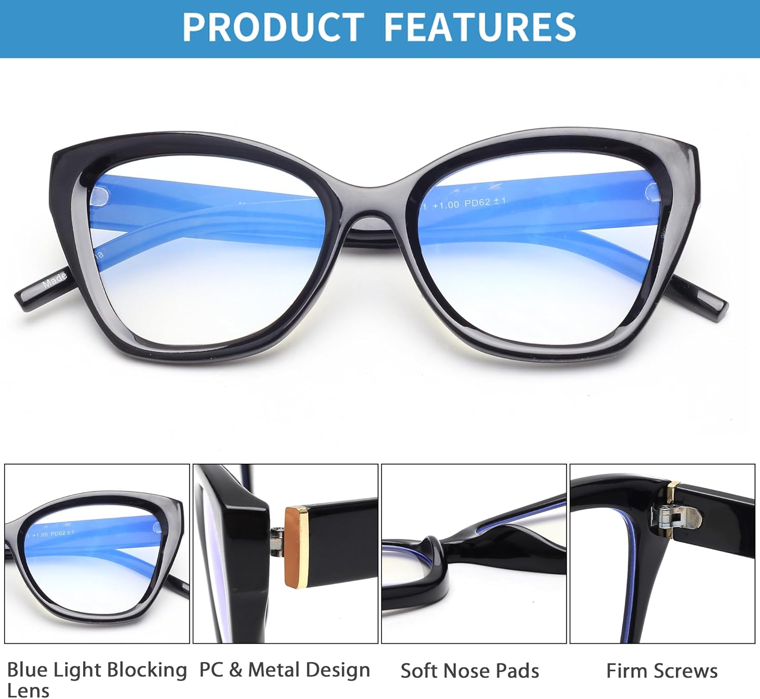 JM Paquete de 3 lentes de lectura de ojo de gato de gran tamaño para mujer, estilo Oprah moderno con bloqueo de luz azul