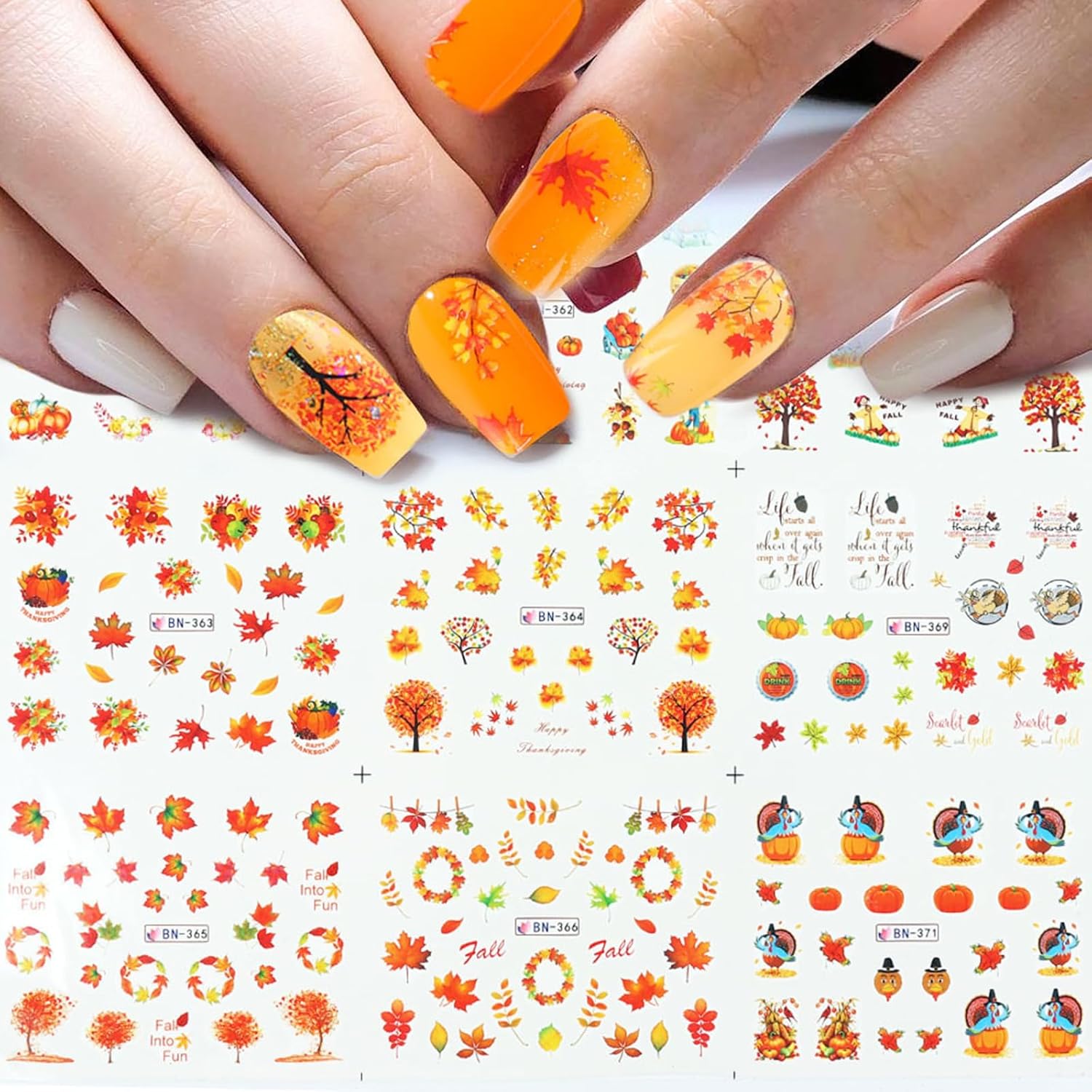 12 calcomanías de uñas de hoja de arce, calcomanías de agua de calabaza de chile de otoño, calcomanías de agua para el día de Acción de Gracias,