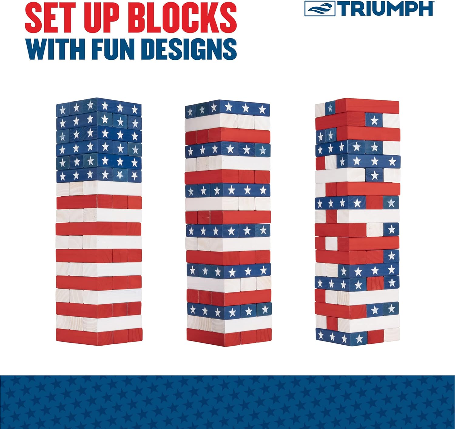 Triumph Sports Torre patriótica grande, perfecta para fiestas y reuniones al aire libre, incluye 54 bloques de madera de 6 x 2 x 1.25 pulgadas y una